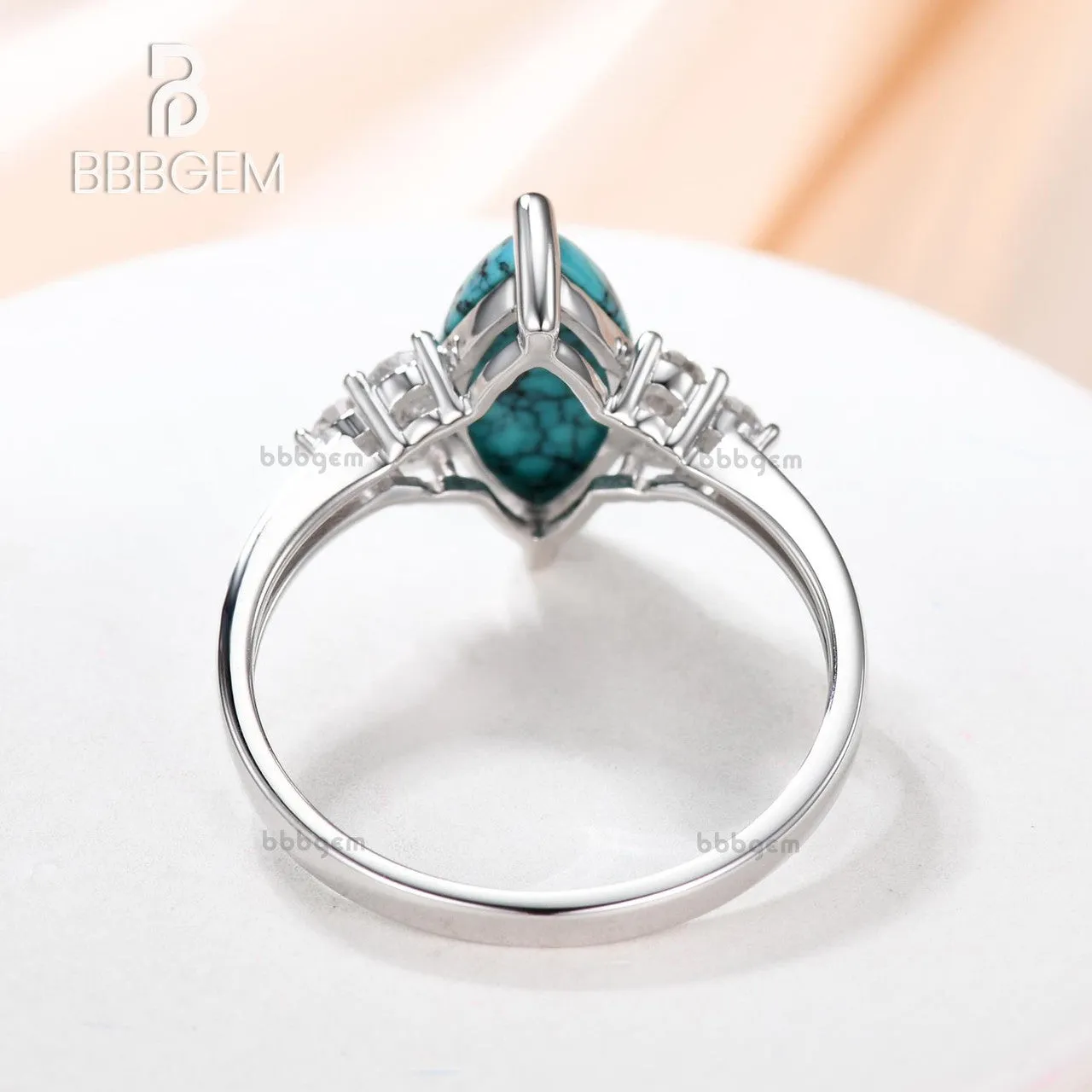 Marquise Turquoise Engagement Ring Three Diamond Side 14k Gold Band