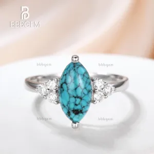Marquise Turquoise Engagement Ring Three Diamond Side 14k Gold Band