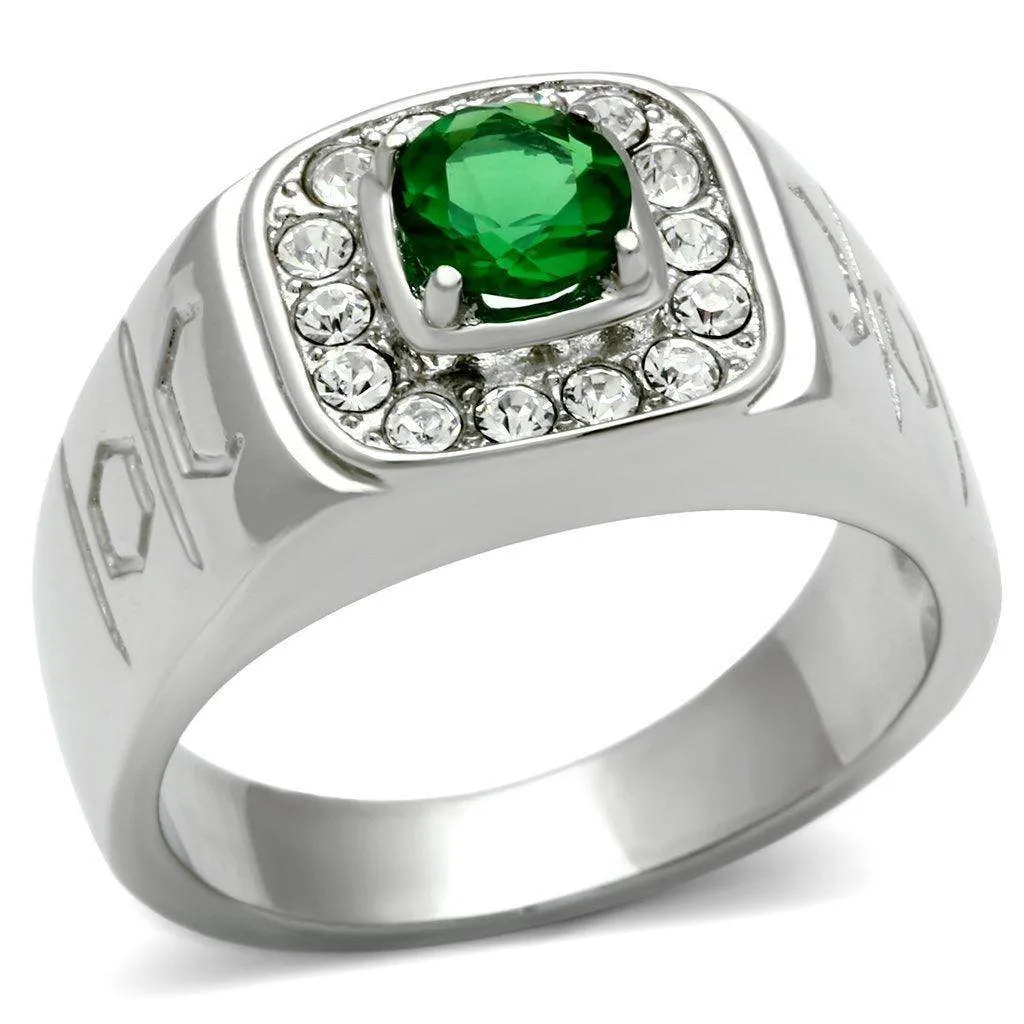 Mens Emerald Green Stainless Steel Synthetic Glass Rings