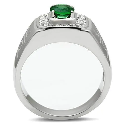 Mens Emerald Green Stainless Steel Synthetic Glass Rings
