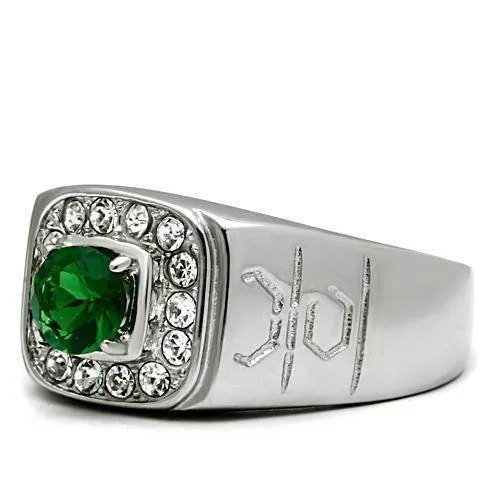 Mens Emerald Green Stainless Steel Synthetic Glass Rings