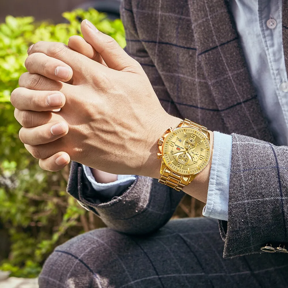 MINIFOUCS Watch Gold Steel Strap Sport Quartz Watches Top Brand Luxury Analog Waterproof Mens Fashion Chronograph WristWatch