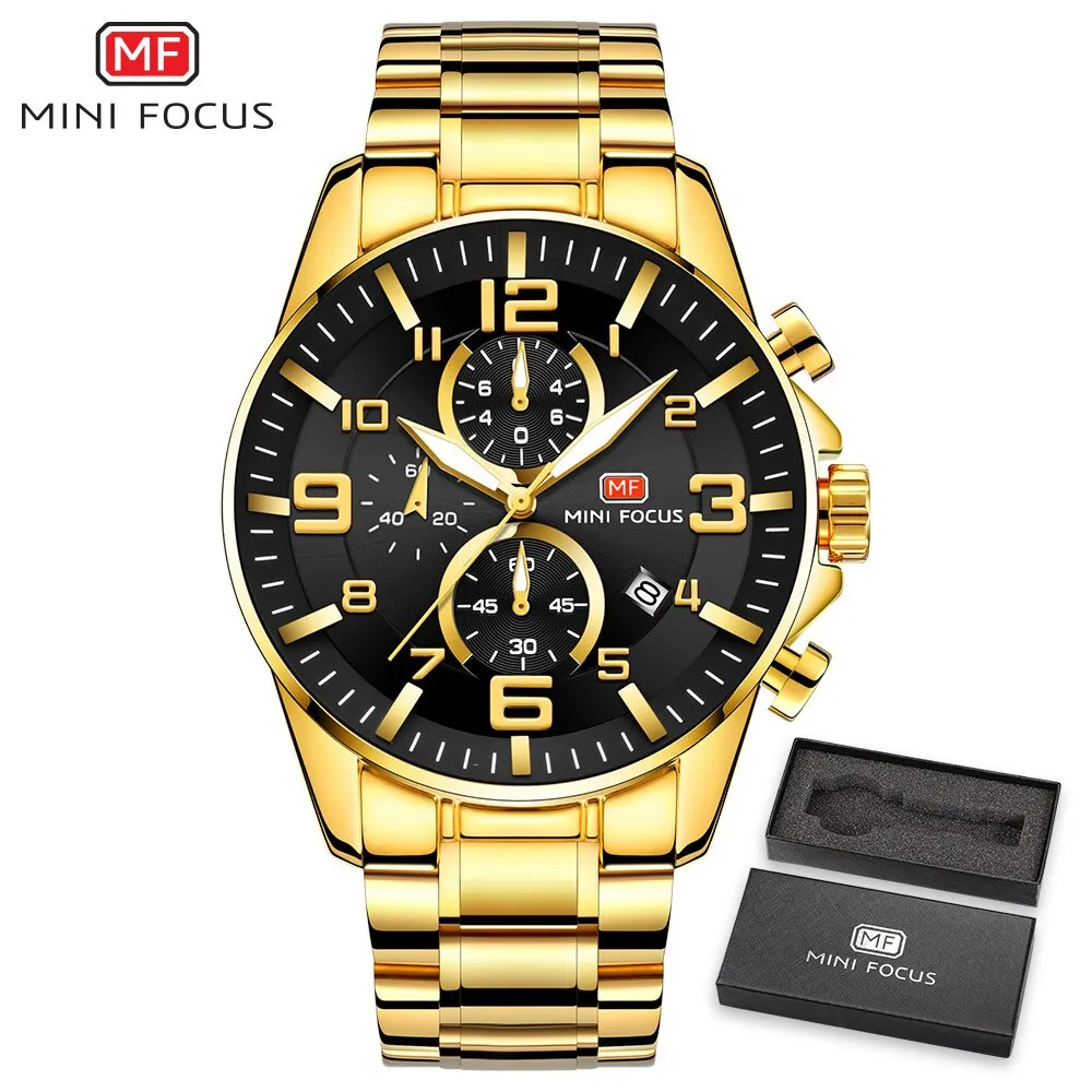 MINIFOUCS Watch Gold Steel Strap Sport Quartz Watches Top Brand Luxury Analog Waterproof Mens Fashion Chronograph WristWatch
