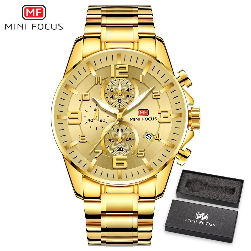 MINIFOUCS Watch Gold Steel Strap Sport Quartz Watches Top Brand Luxury Analog Waterproof Mens Fashion Chronograph WristWatch