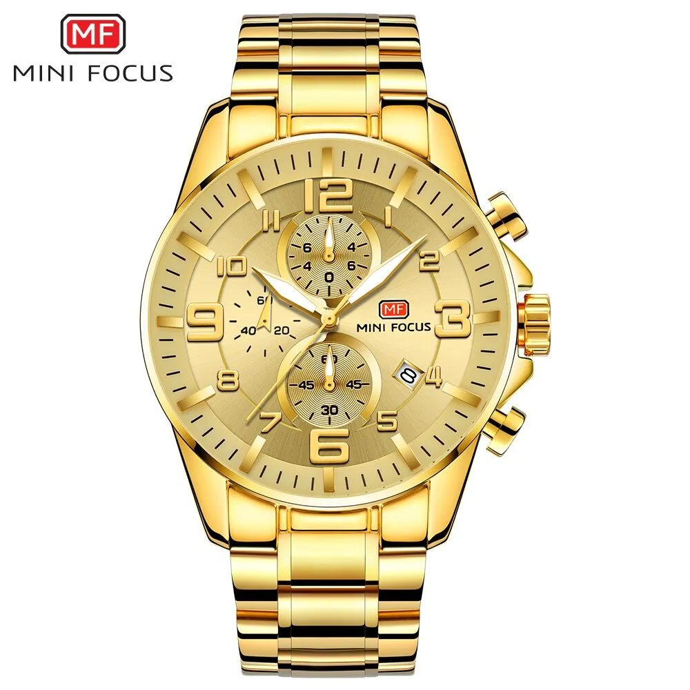 MINIFOUCS Watch Gold Steel Strap Sport Quartz Watches Top Brand Luxury Analog Waterproof Mens Fashion Chronograph WristWatch