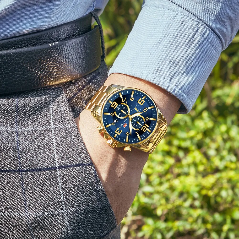 MINIFOUCS Watch Gold Steel Strap Sport Quartz Watches Top Brand Luxury Analog Waterproof Mens Fashion Chronograph WristWatch