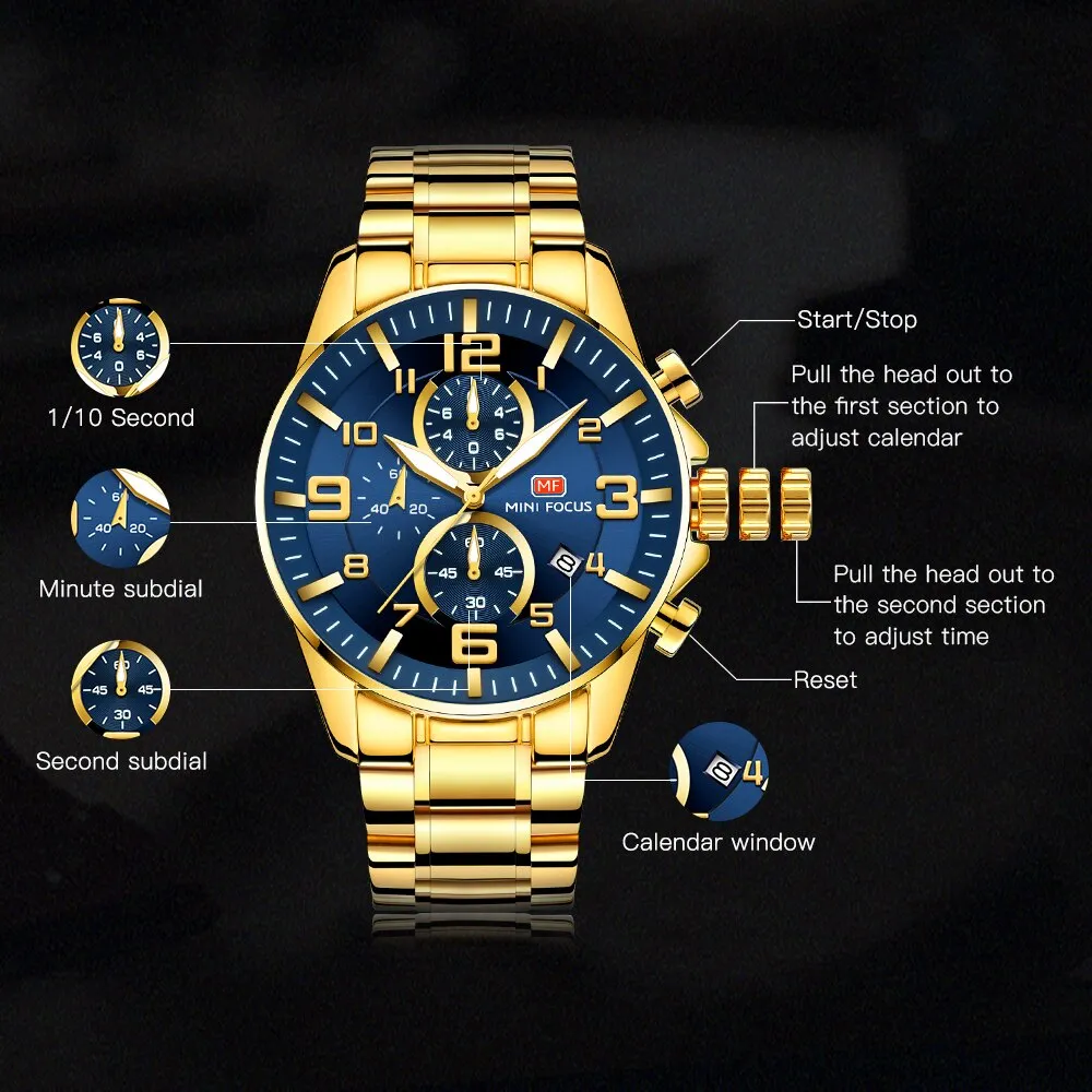MINIFOUCS Watch Gold Steel Strap Sport Quartz Watches Top Brand Luxury Analog Waterproof Mens Fashion Chronograph WristWatch