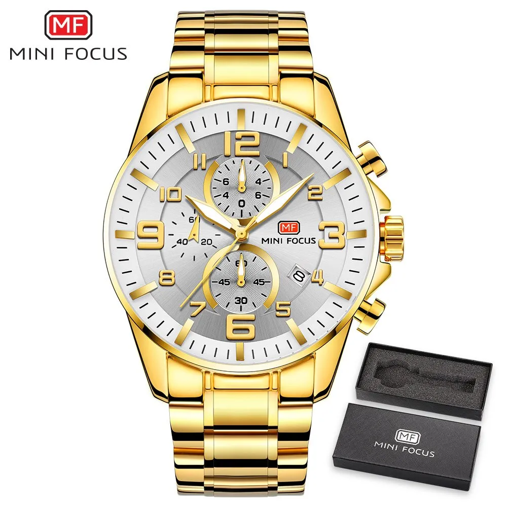 MINIFOUCS Watch Gold Steel Strap Sport Quartz Watches Top Brand Luxury Analog Waterproof Mens Fashion Chronograph WristWatch