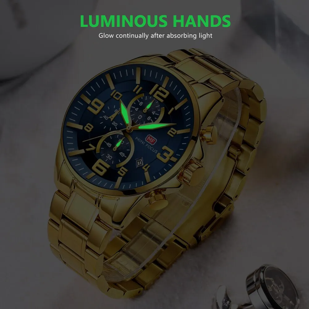 MINIFOUCS Watch Gold Steel Strap Sport Quartz Watches Top Brand Luxury Analog Waterproof Mens Fashion Chronograph WristWatch