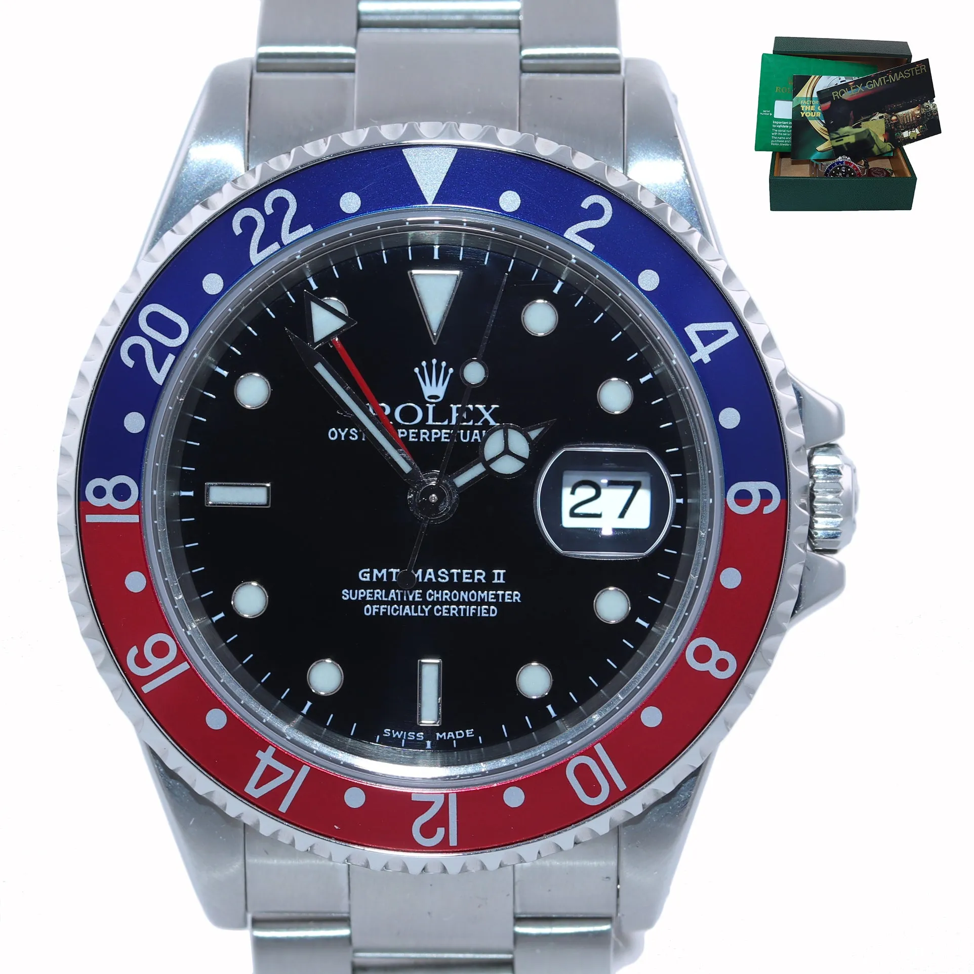MINT 2000 Rolex GMT-Master 2 16710 PEPSI Blue Red Steel Oyster 40mm Watch Box