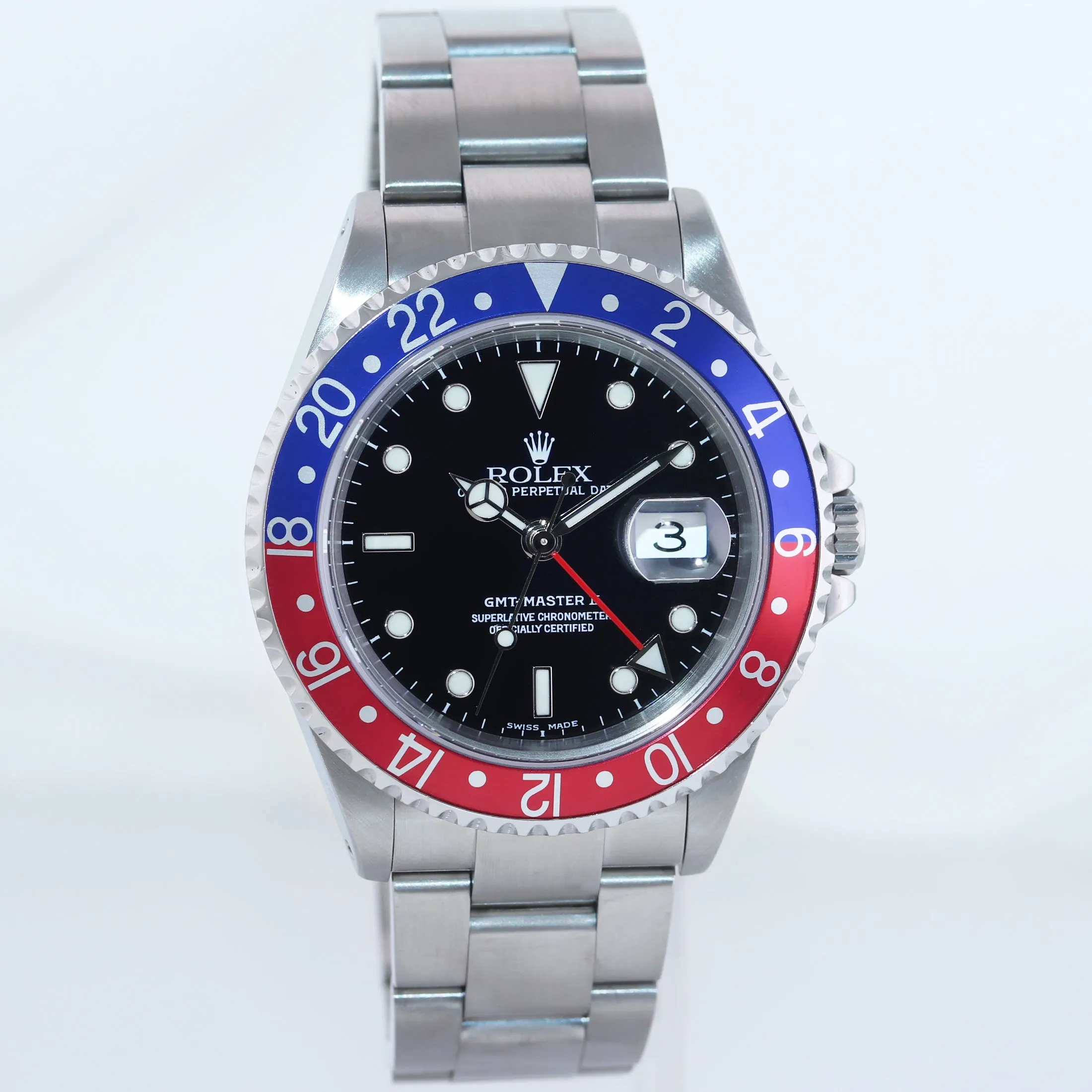 MINT 2000 Rolex GMT-Master 2 Pepsi Blue Red Steel 16710 Watch Black Watch Box