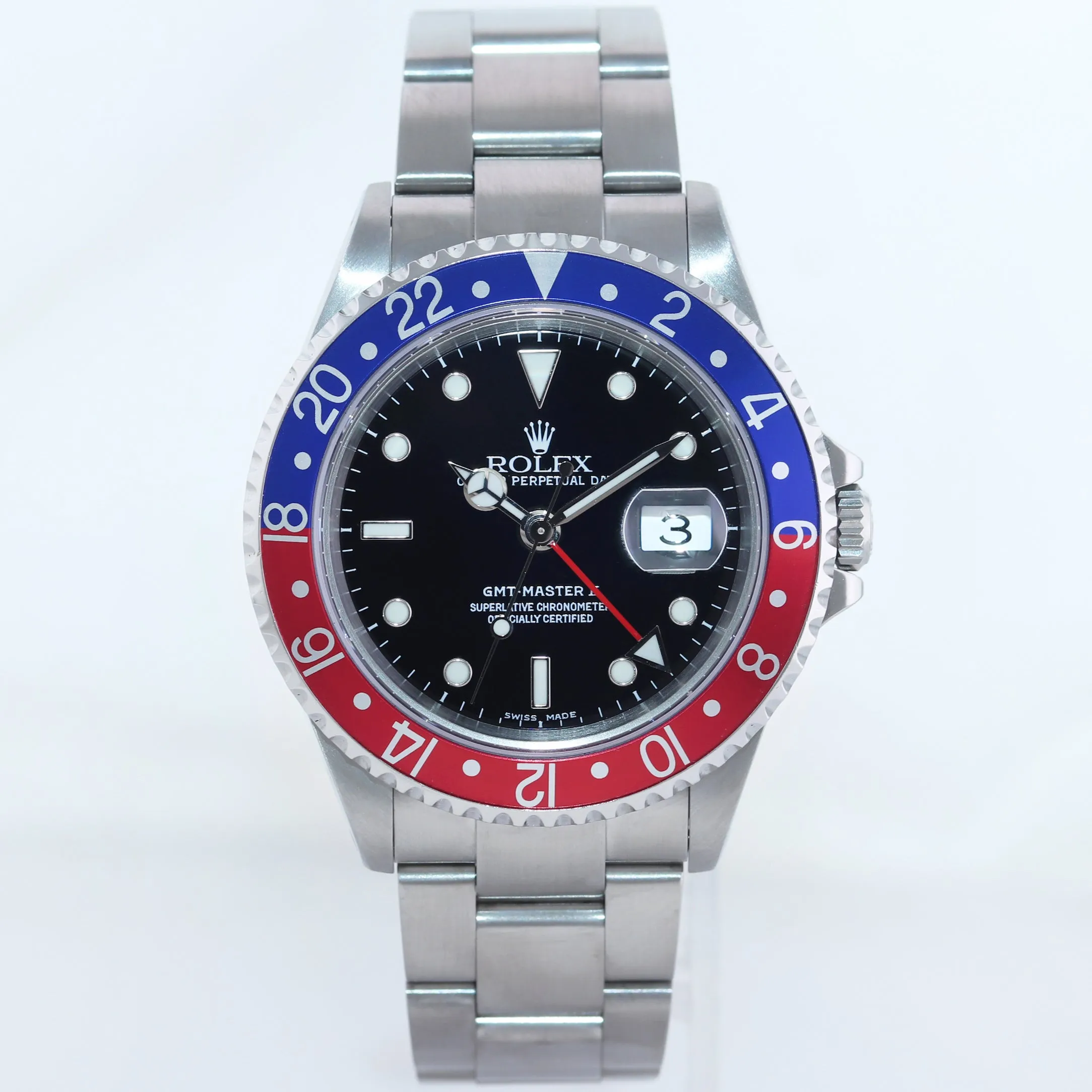 MINT 2000 Rolex GMT-Master 2 Pepsi Blue Red Steel 16710 Watch Black Watch Box