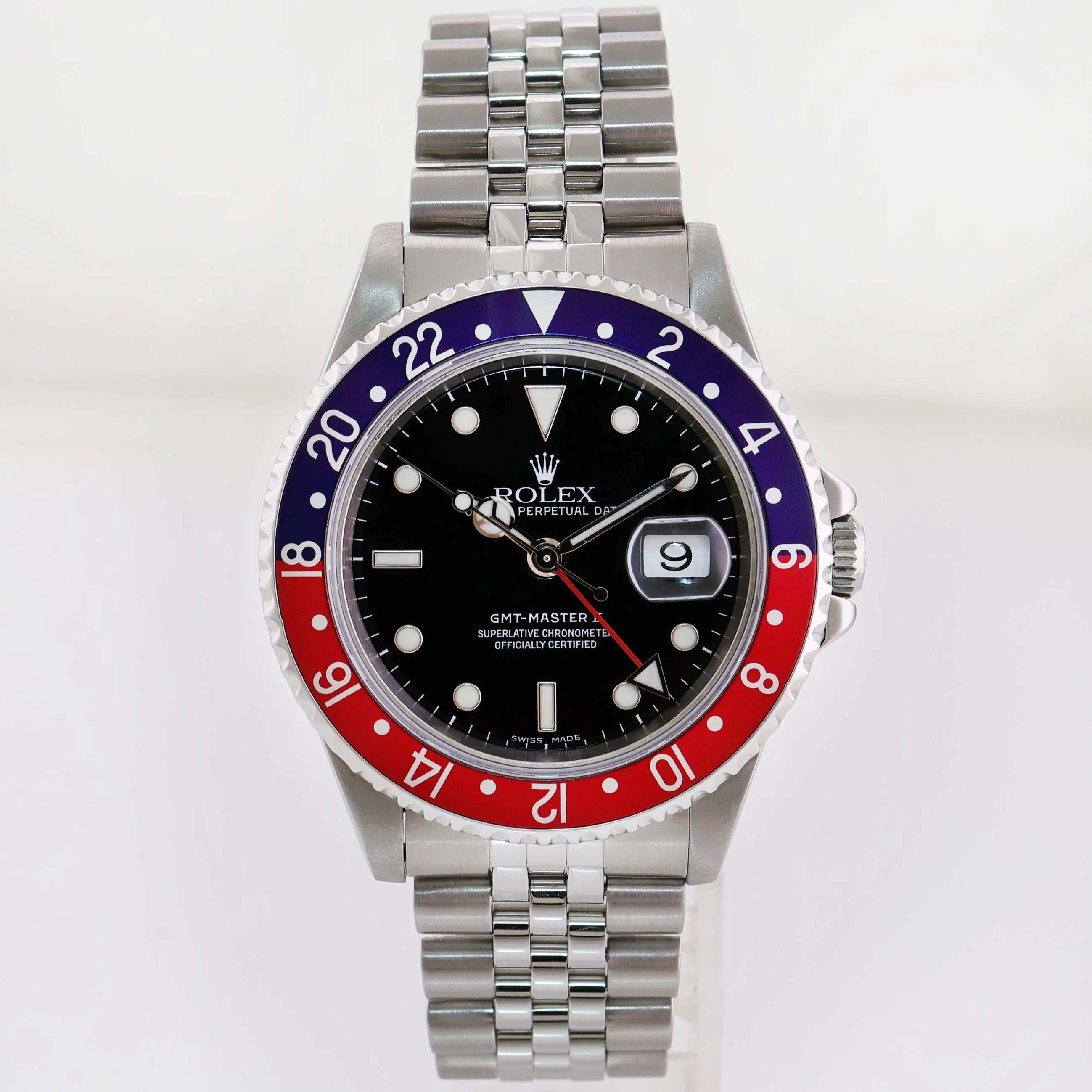 MINT 2005 PAPERS Rolex GMT-Master 2 Pepsi Blue Steel Jubilee 16710 No Holes Watch