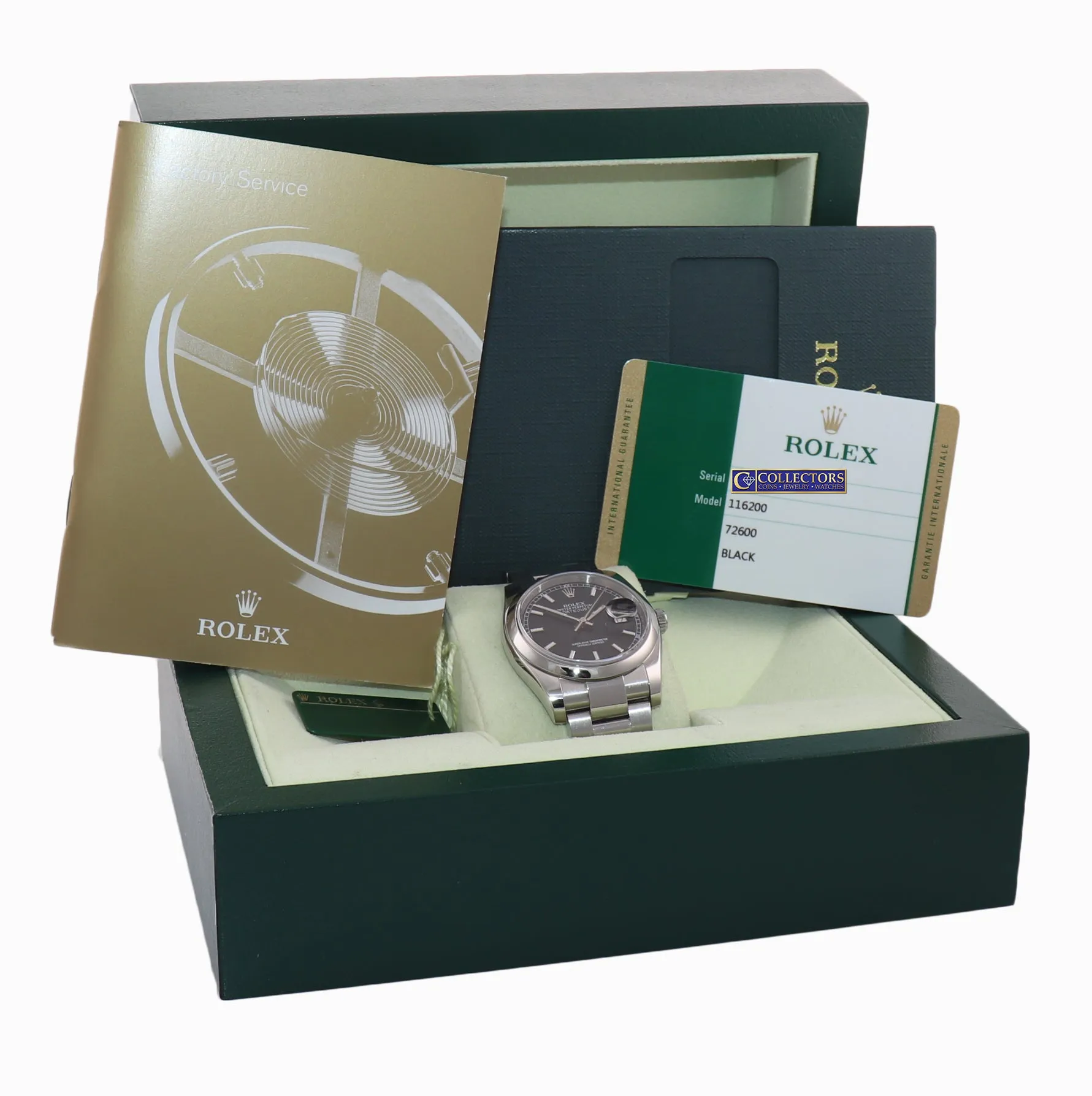 MINT 2014 PAPERS Rolex DateJust Black Stick 116200  36mm Oyster Steel Watch Box