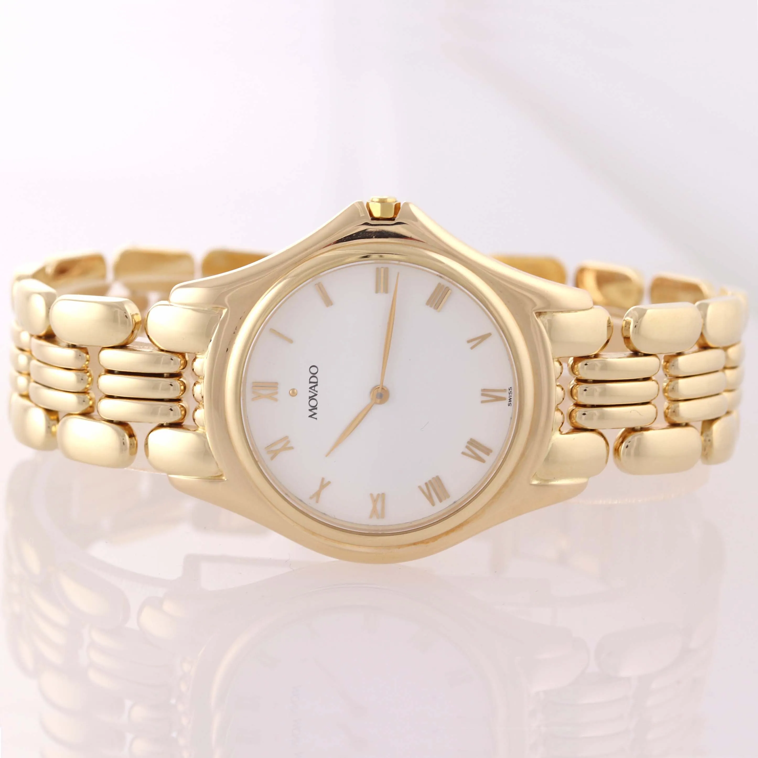 MINT Movado Solid 14k Yellow Gold 35mm White Roman 47-19-880 Quartz Watch A9