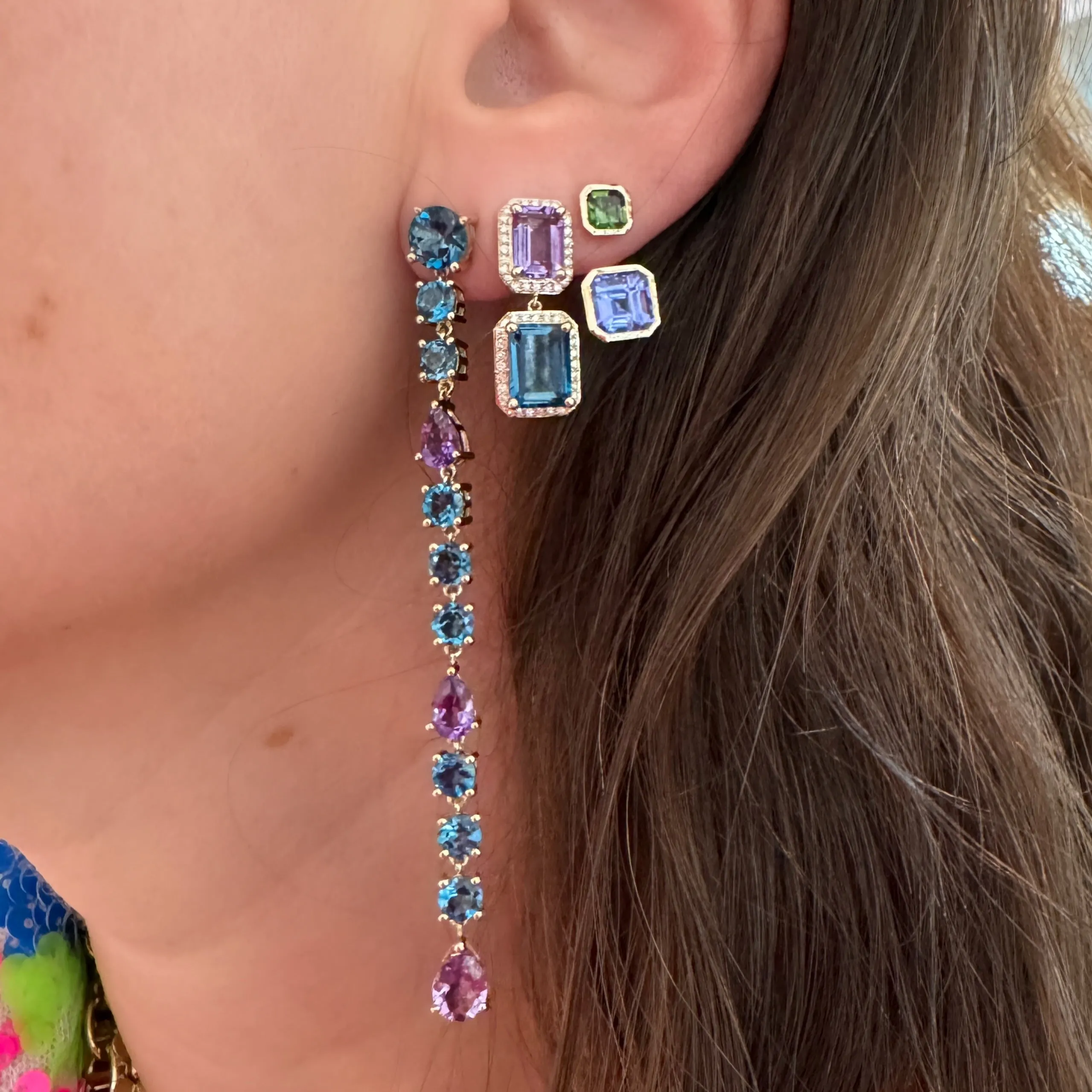 Mixed Shape Amethyst & Blue Topaz Shoulder Duster Drop Earrings