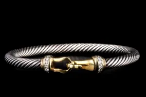 Modern David Yurman Sterling Silver & 18K Yellow Gold Diamond Cable Collectibles Buckle Bangle