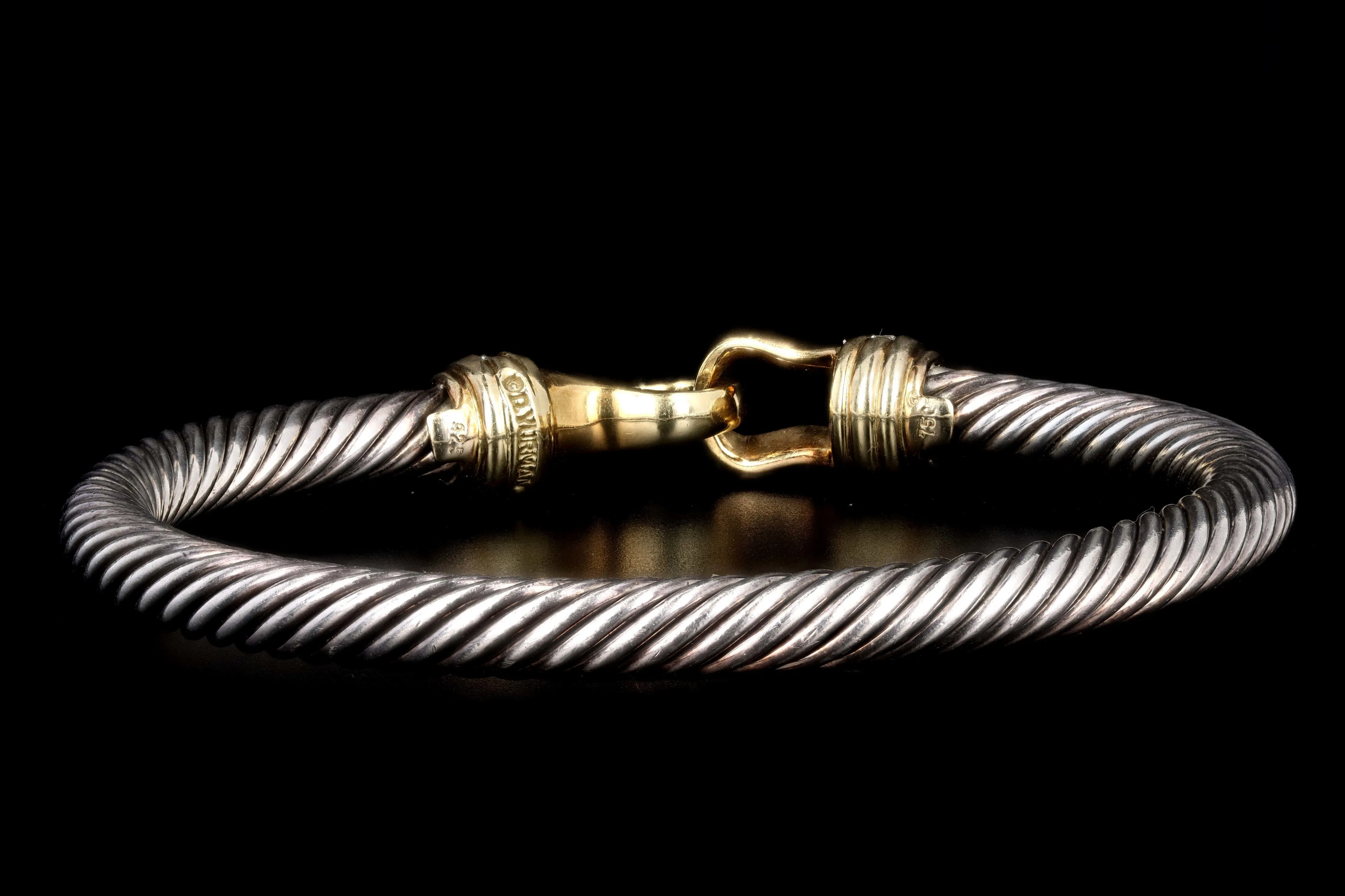 Modern David Yurman Sterling Silver & 18K Yellow Gold Diamond Cable Collectibles Buckle Bangle