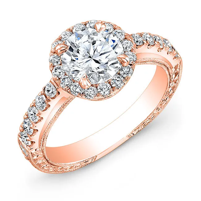 Modern Style Engraved Halo Diamond Engagement Ring