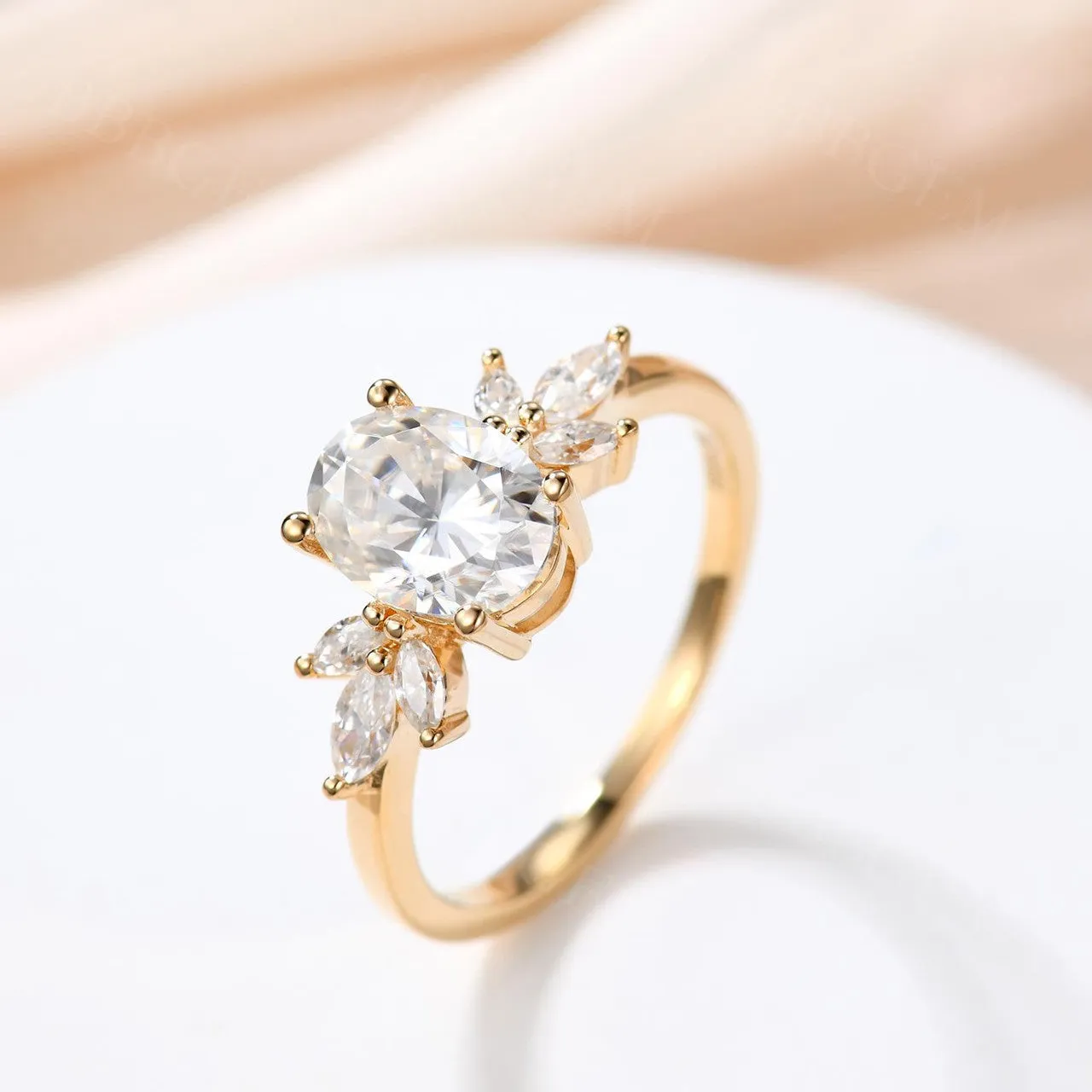 Moissanite Engagement Ring 14K Rose Gold Oval Moissanite Wedding Ring Cluster Promise Ring