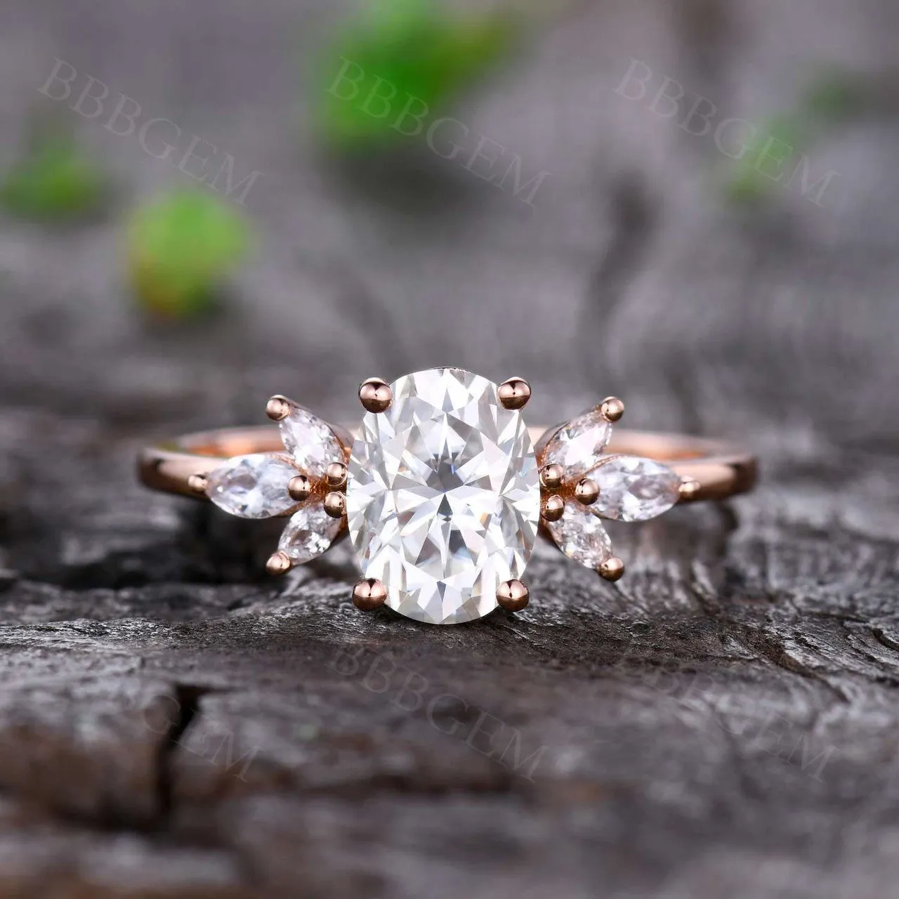 Moissanite Engagement Ring 14K Rose Gold Oval Moissanite Wedding Ring Cluster Promise Ring