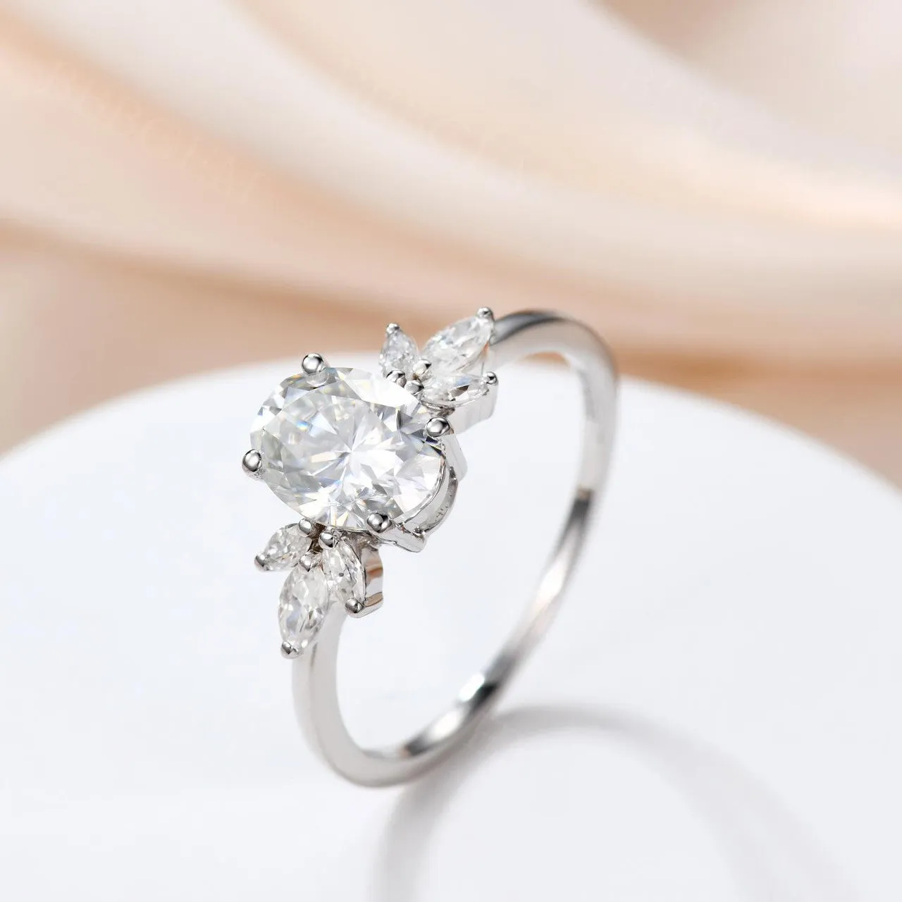 Moissanite Engagement Ring 14K Rose Gold Oval Moissanite Wedding Ring Cluster Promise Ring