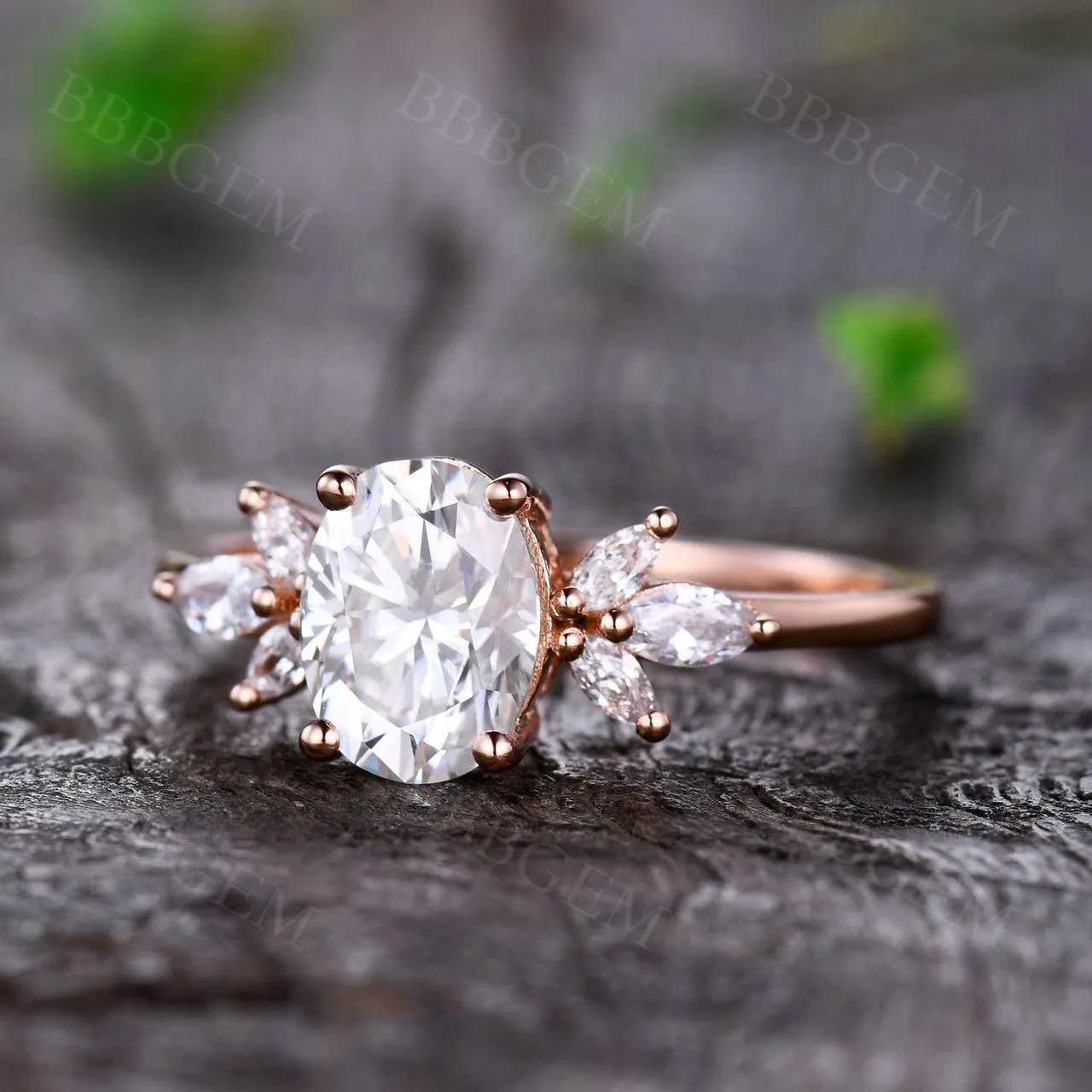 Moissanite Engagement Ring 14K Rose Gold Oval Moissanite Wedding Ring Cluster Promise Ring