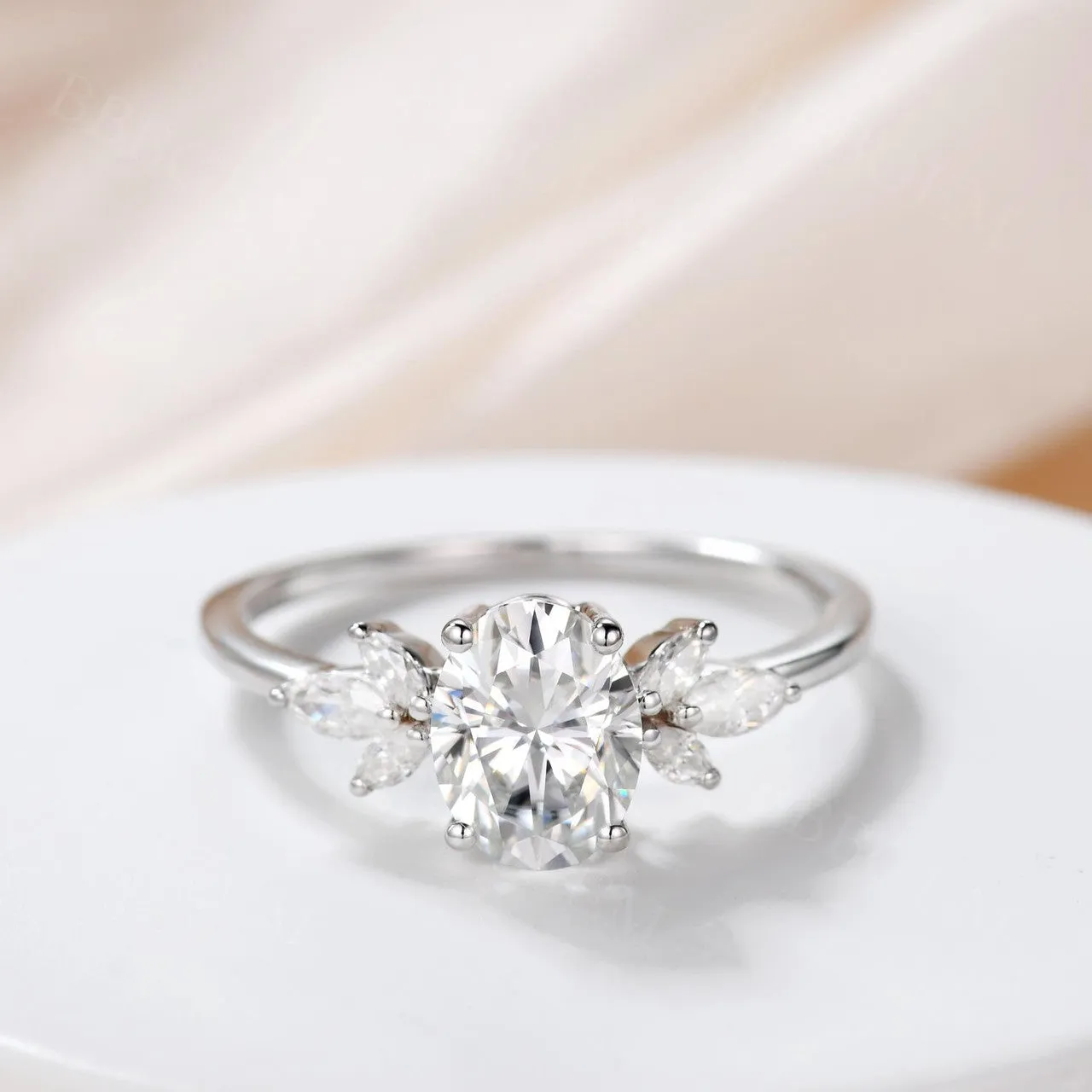 Moissanite Engagement Ring 14K Rose Gold Oval Moissanite Wedding Ring Cluster Promise Ring