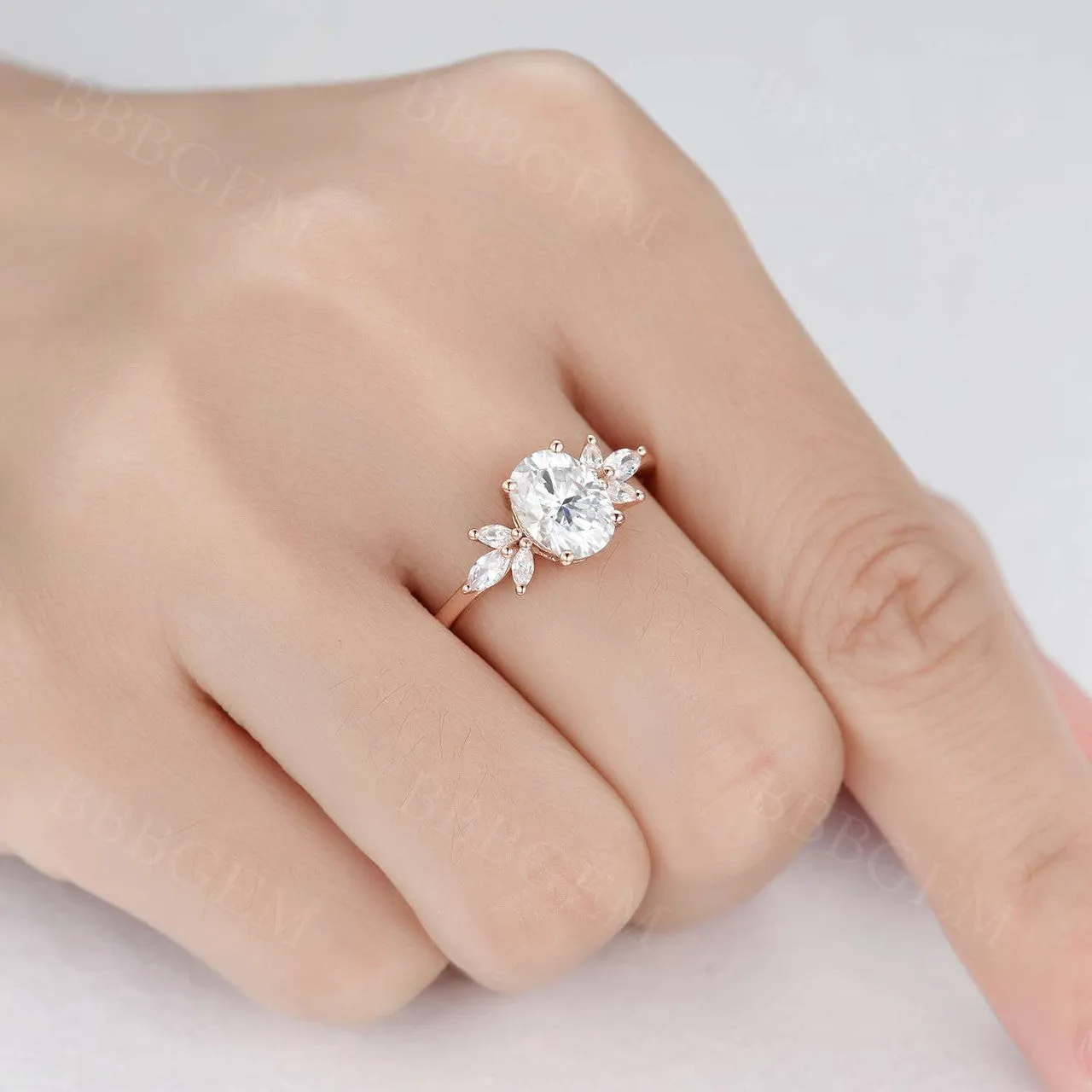 Moissanite Engagement Ring 14K Rose Gold Oval Moissanite Wedding Ring Cluster Promise Ring