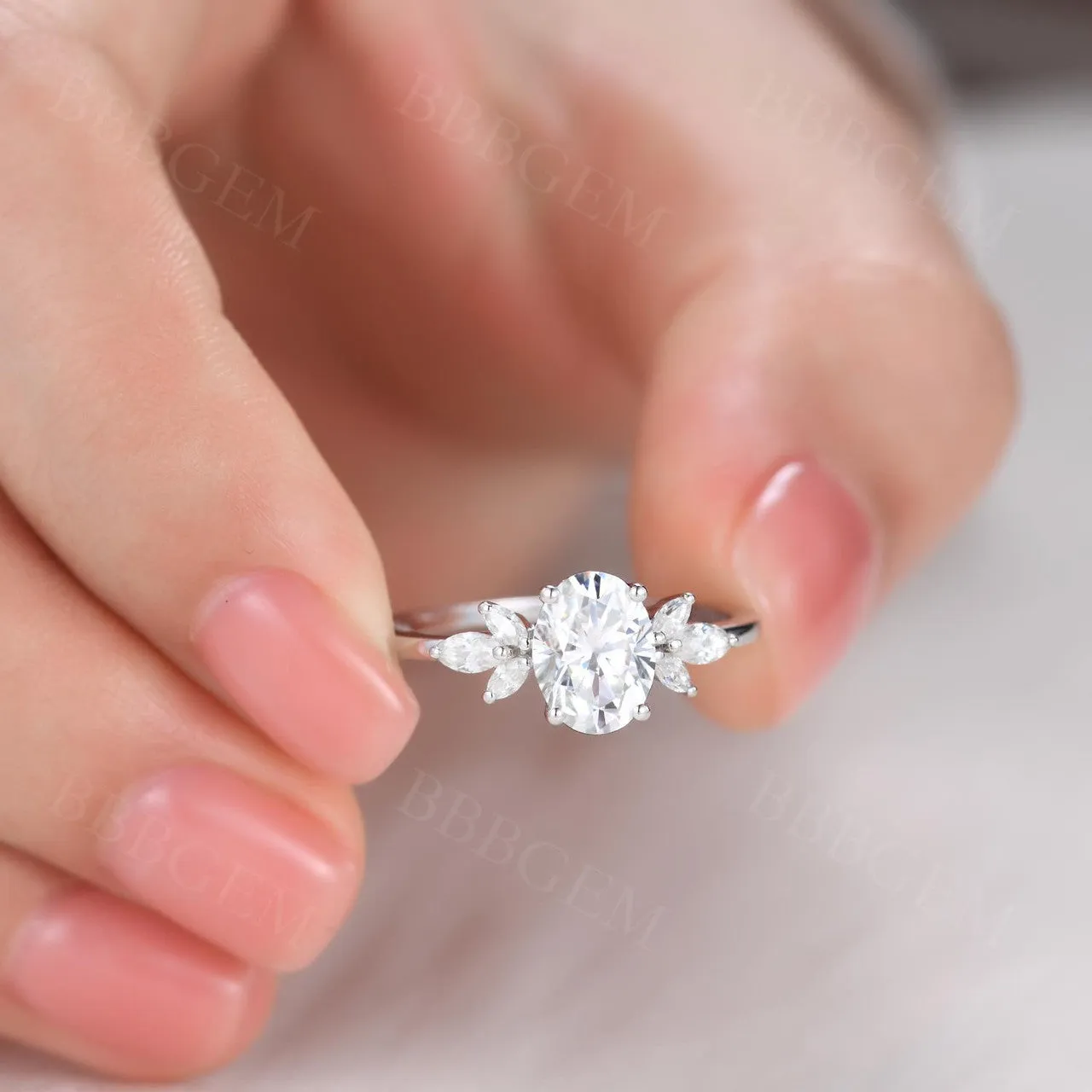 Moissanite Engagement Ring 14K Rose Gold Oval Moissanite Wedding Ring Cluster Promise Ring