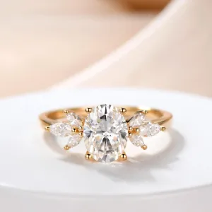 Moissanite Engagement Ring 14K Rose Gold Oval Moissanite Wedding Ring Cluster Promise Ring