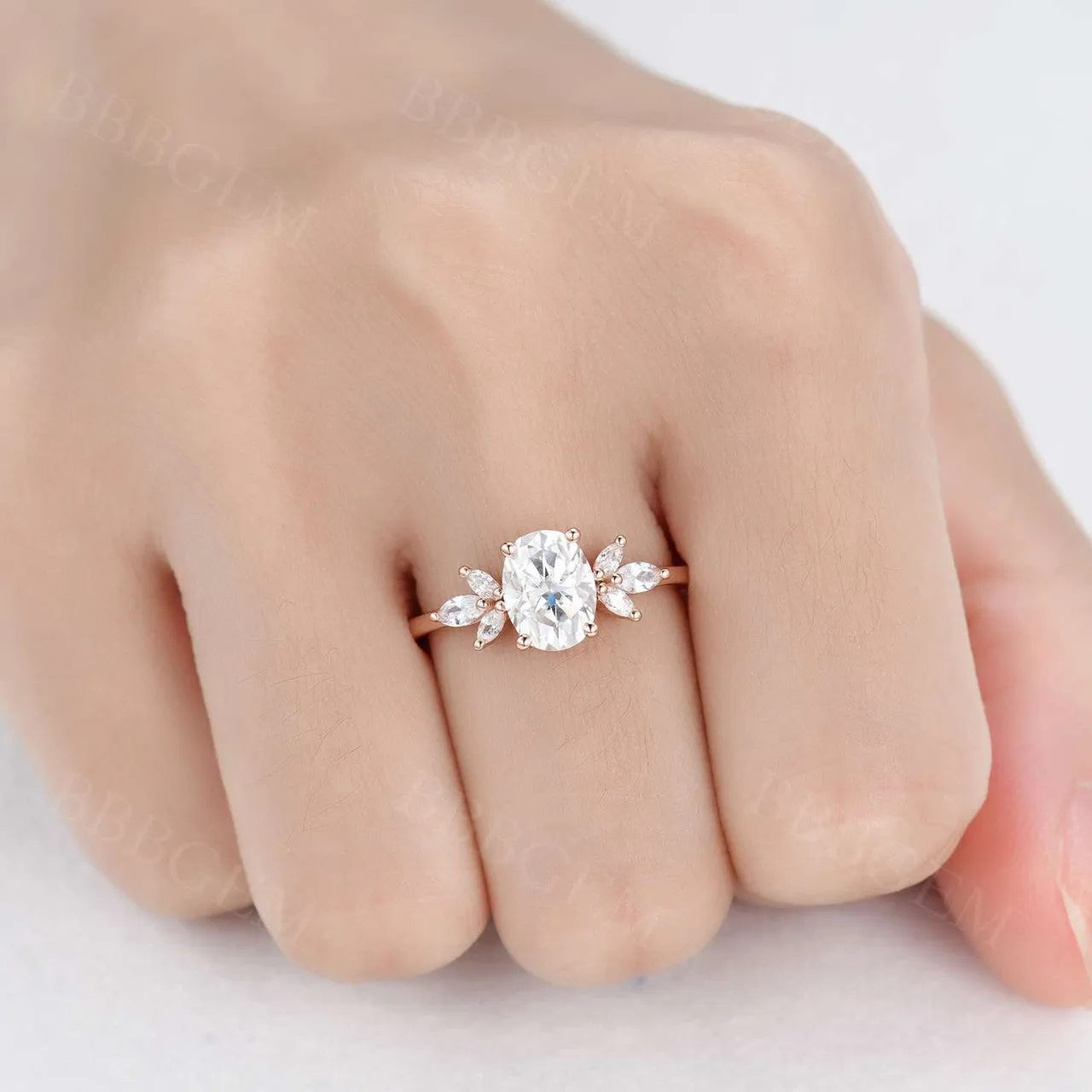 Moissanite Engagement Ring 14K Rose Gold Oval Moissanite Wedding Ring Cluster Promise Ring