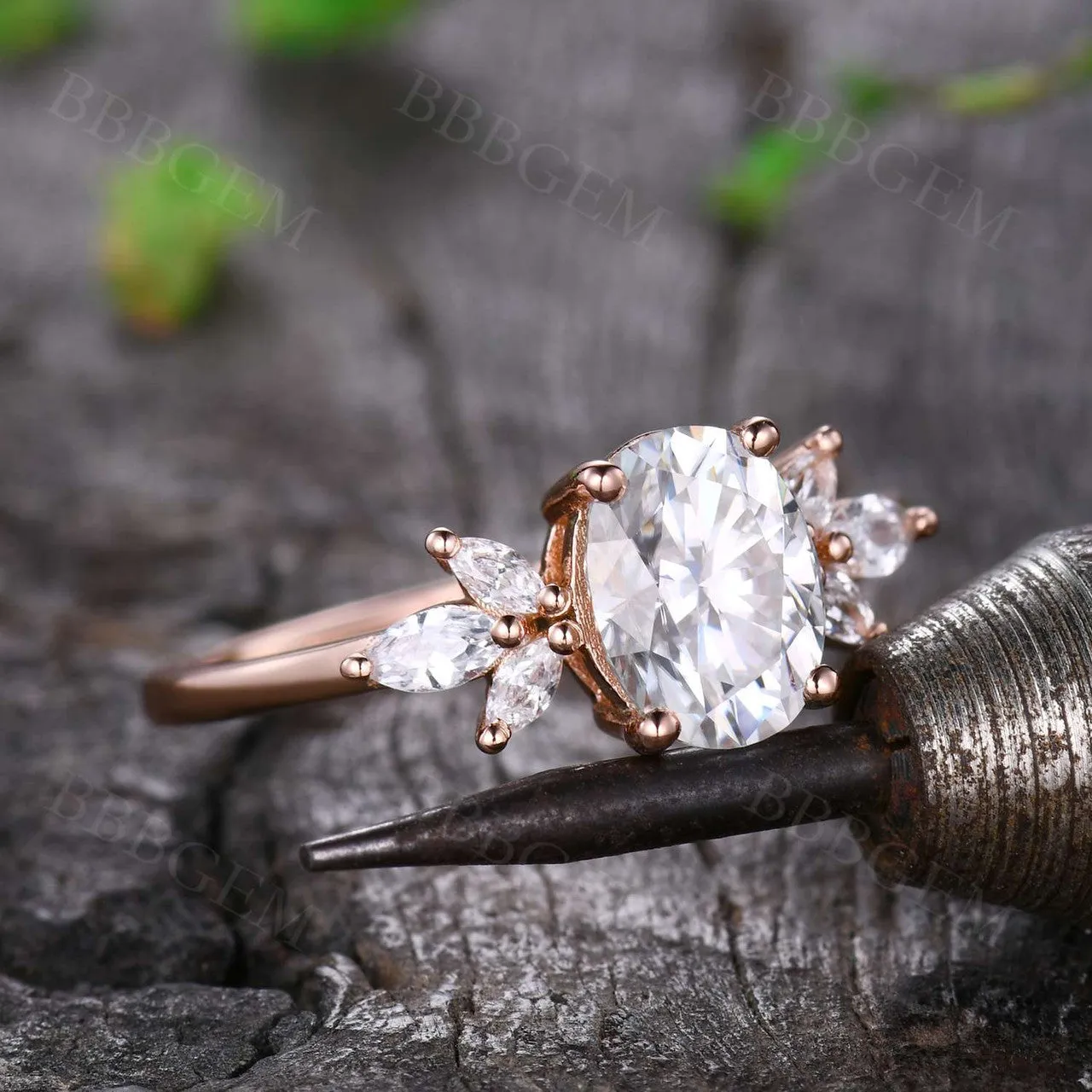 Moissanite Engagement Ring 14K Rose Gold Oval Moissanite Wedding Ring Cluster Promise Ring