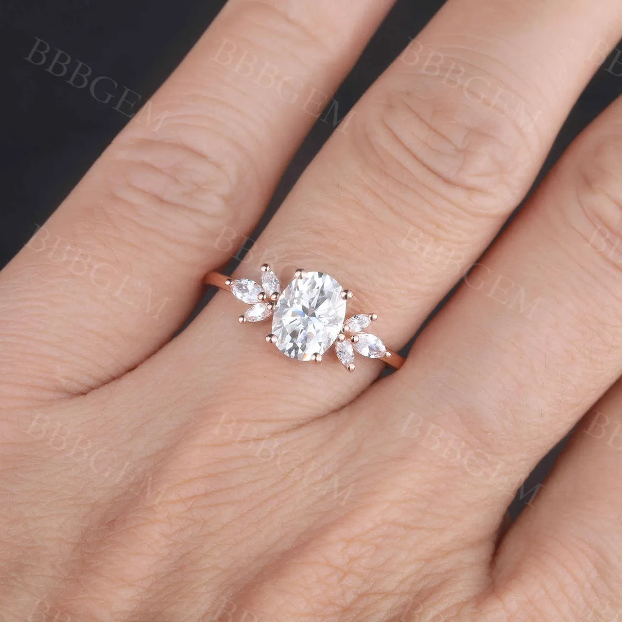 Moissanite Engagement Ring 14K Rose Gold Oval Moissanite Wedding Ring Cluster Promise Ring