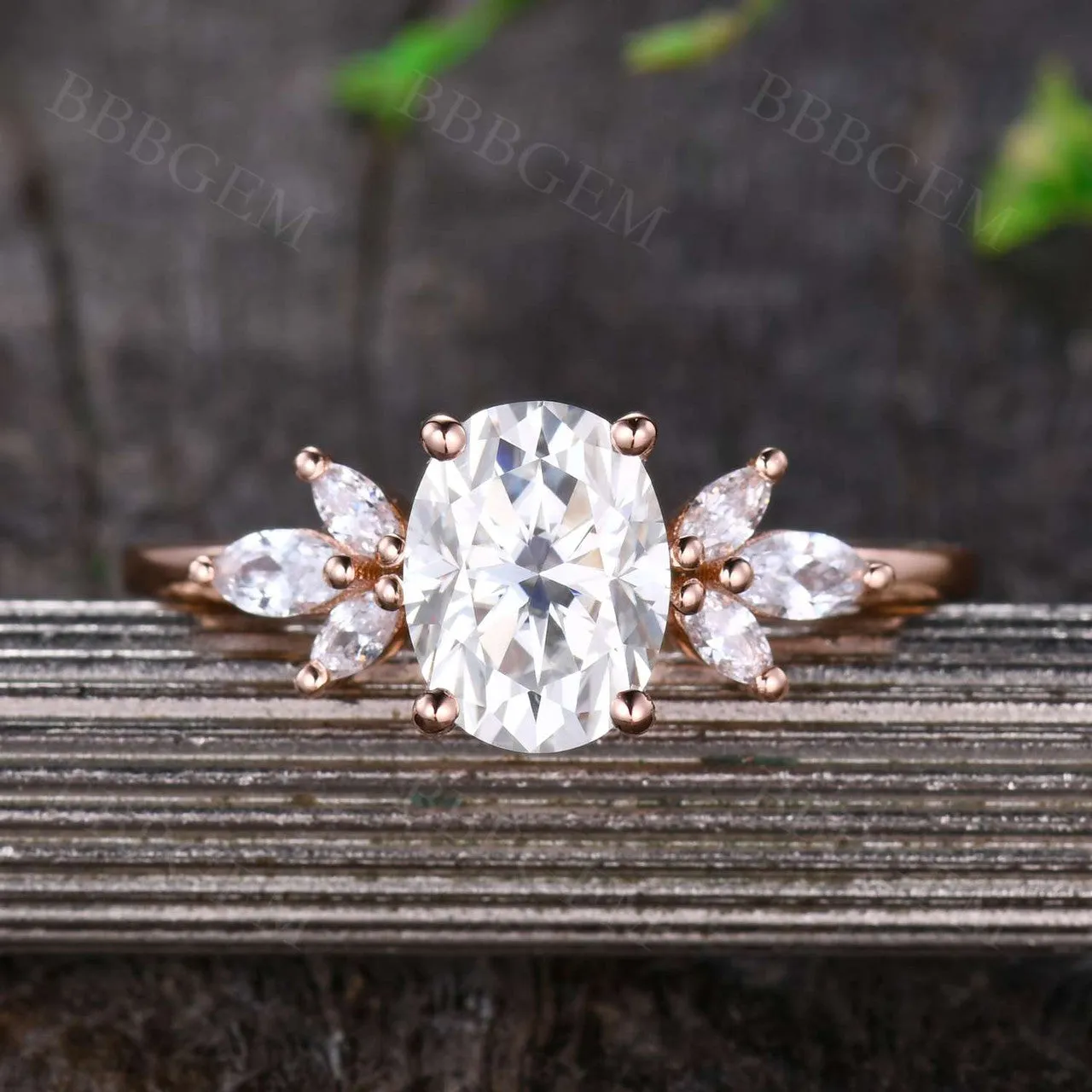 Moissanite Engagement Ring 14K Rose Gold Oval Moissanite Wedding Ring Cluster Promise Ring