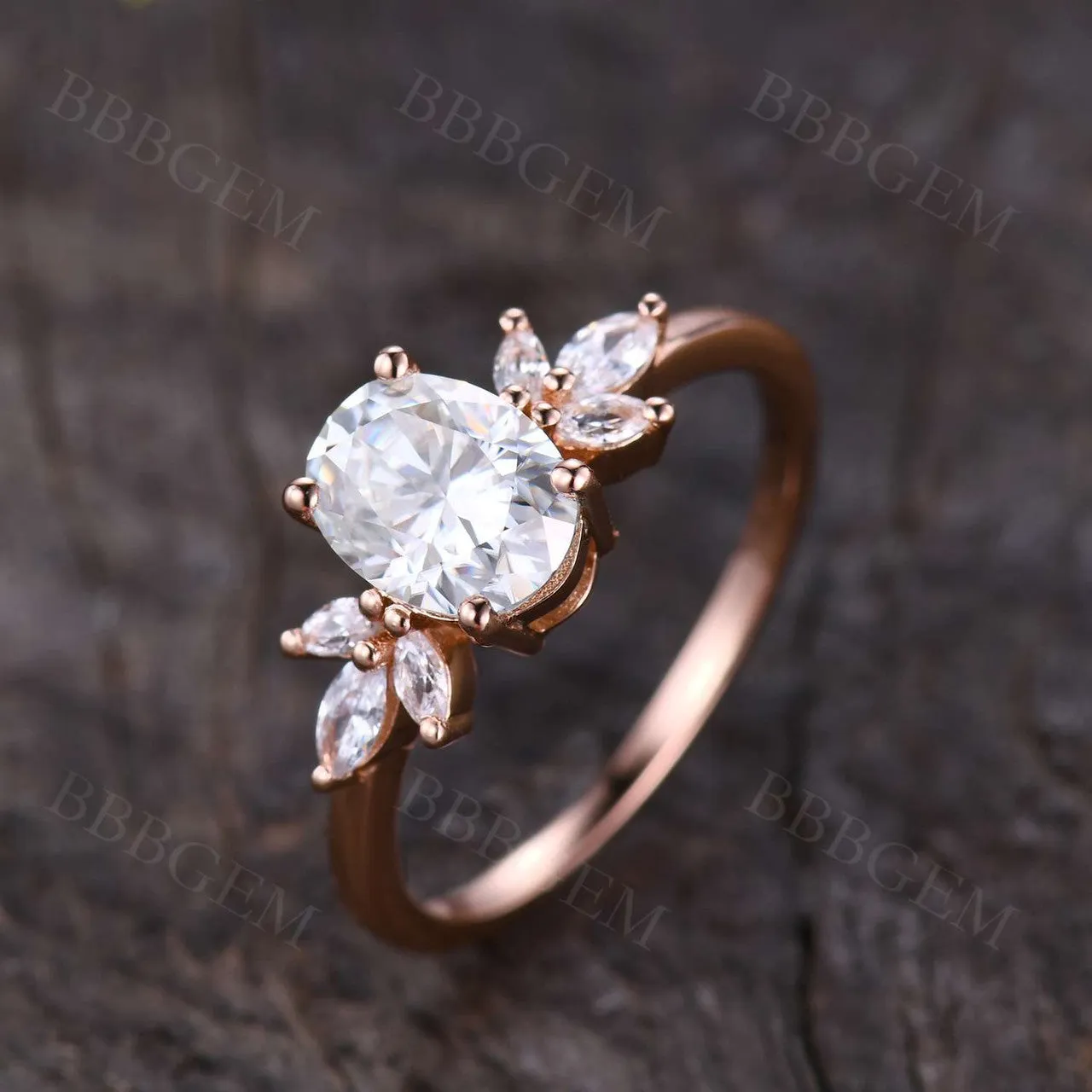 Moissanite Engagement Ring 14K Rose Gold Oval Moissanite Wedding Ring Cluster Promise Ring