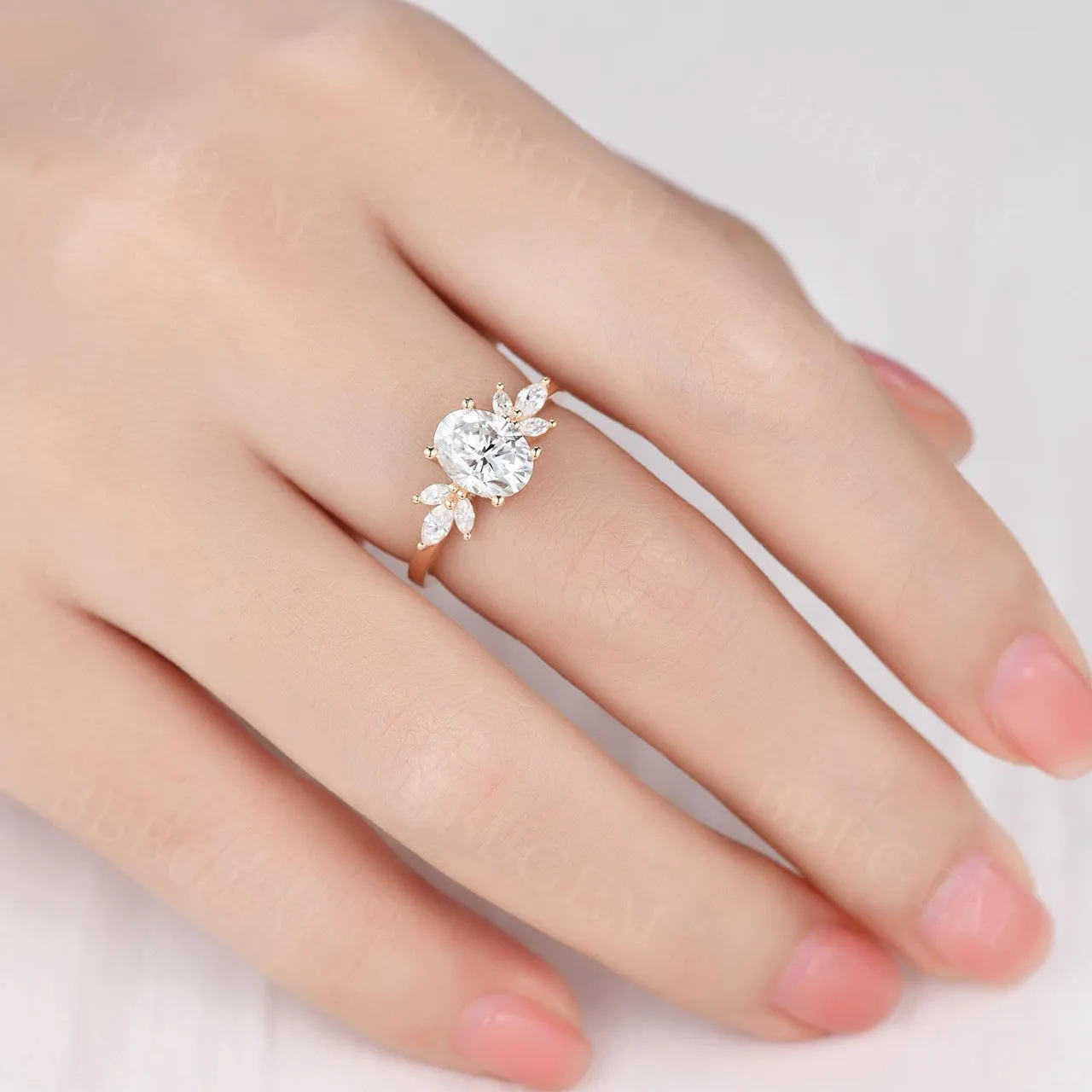 Moissanite Engagement Ring 14K Rose Gold Oval Moissanite Wedding Ring Cluster Promise Ring