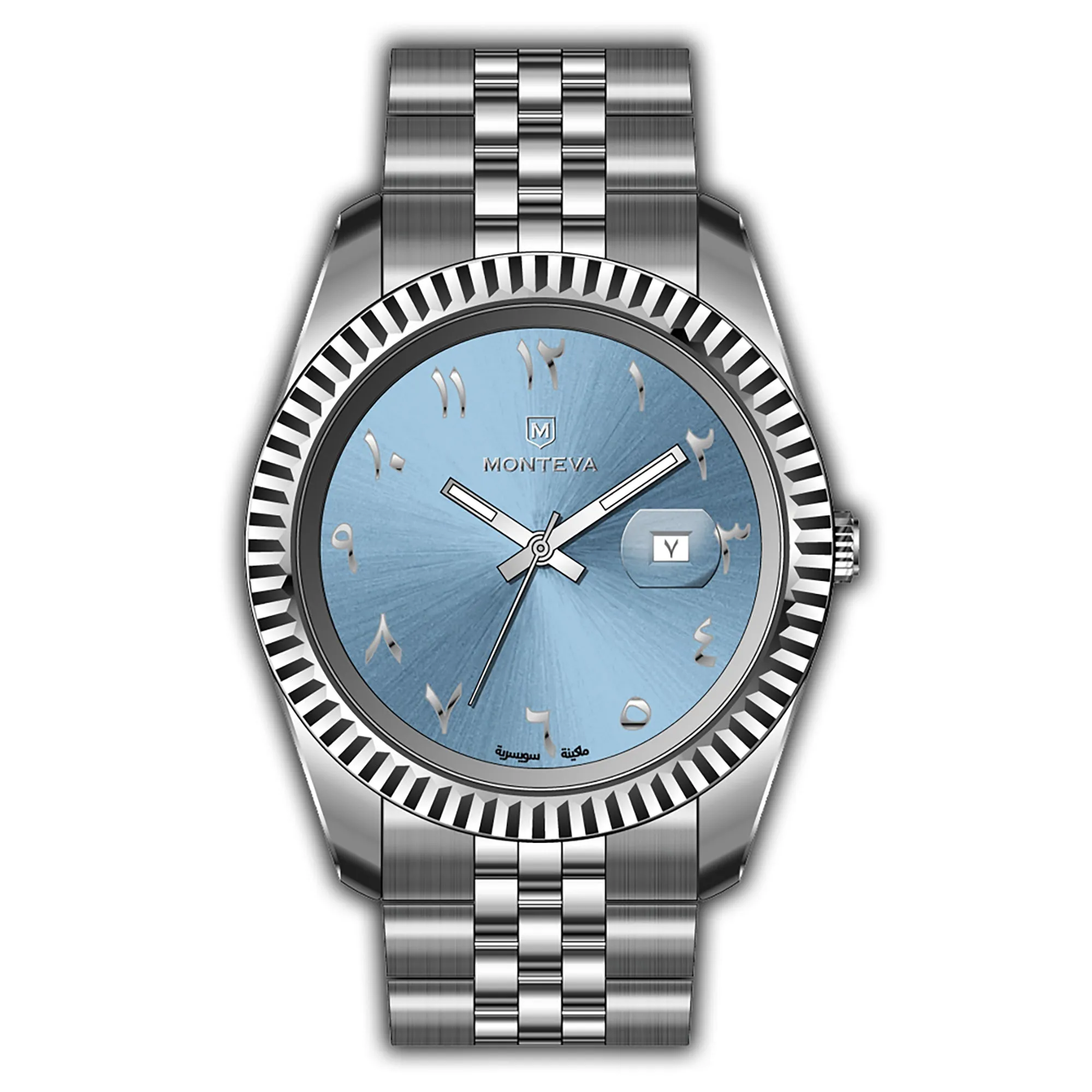 Monteva Gents Light Blue Watch with Arabic Numerals and Metal Band