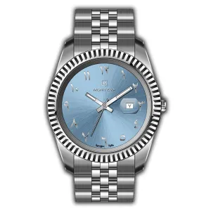 Monteva Gents Light Blue Watch with Arabic Numerals and Metal Band