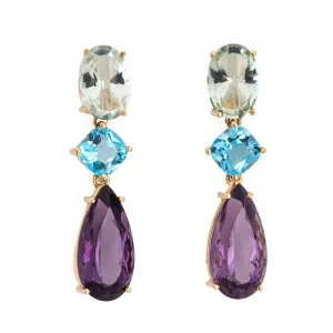 Multi Gemstone Earrings Estate 18k Yellow Gold 1.5" Drops Amethyst Blue Topaz