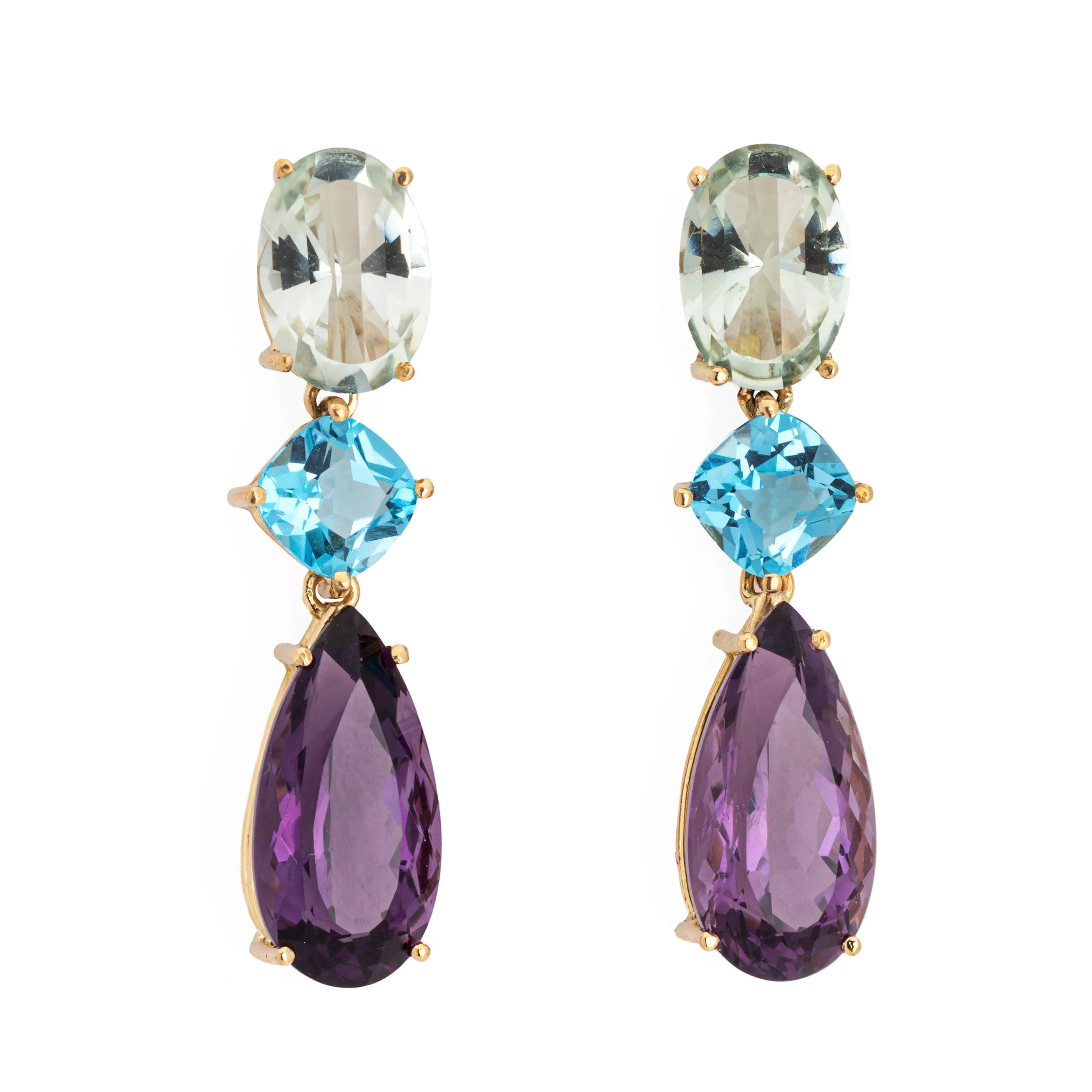 Multi Gemstone Earrings Estate 18k Yellow Gold 1.5" Drops Amethyst Blue Topaz