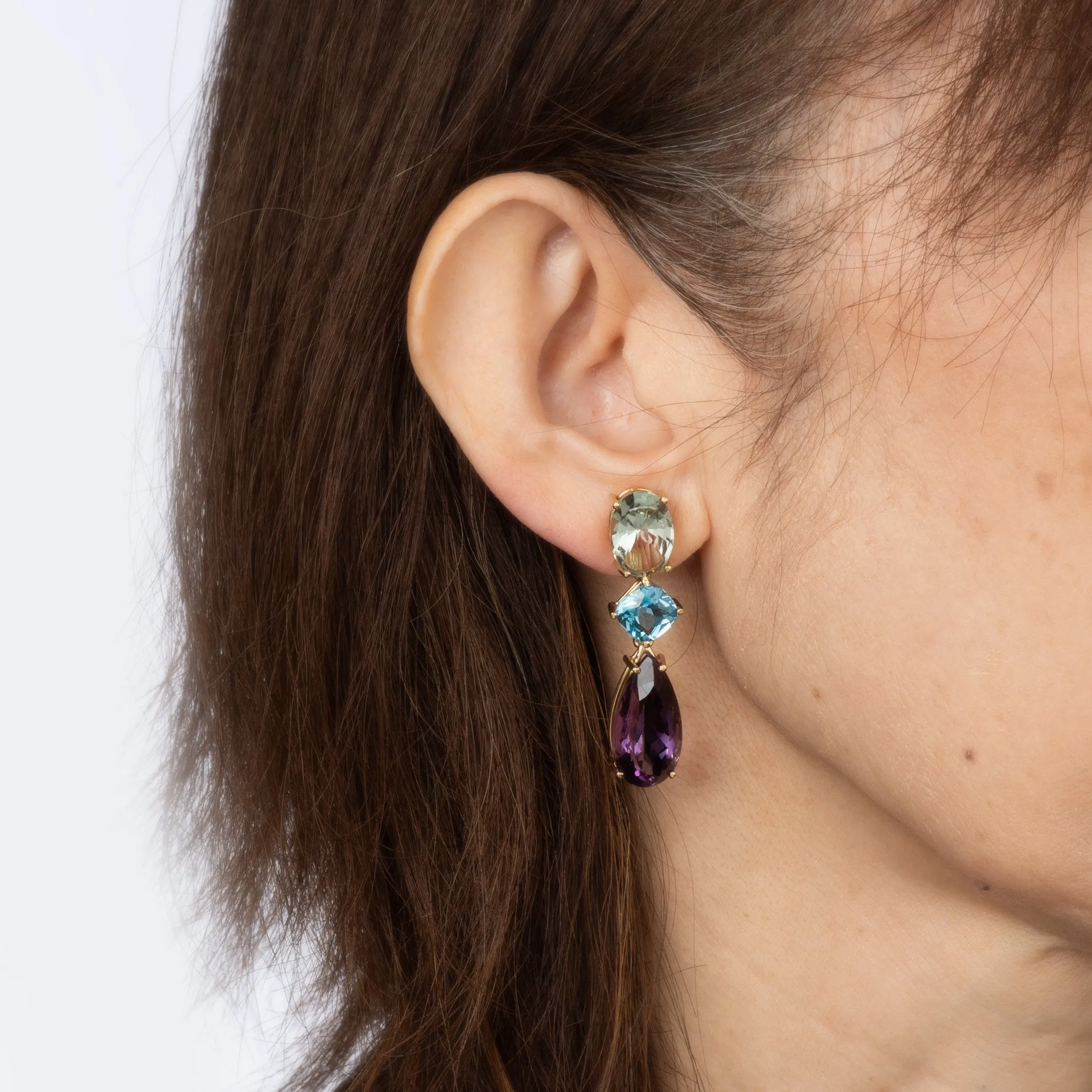 Multi Gemstone Earrings Estate 18k Yellow Gold 1.5" Drops Amethyst Blue Topaz