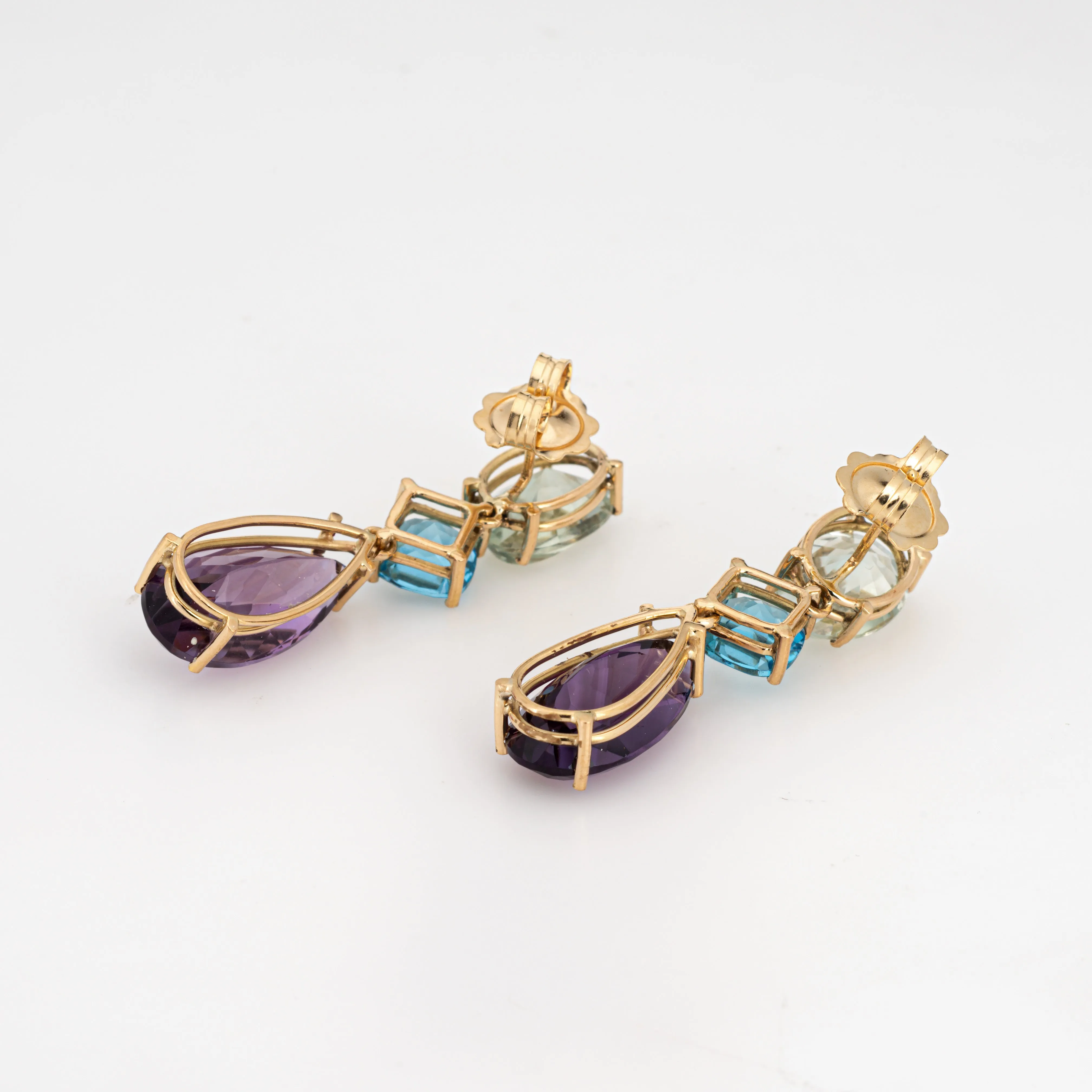 Multi Gemstone Earrings Estate 18k Yellow Gold 1.5" Drops Amethyst Blue Topaz