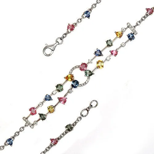 Multicolor Pear-cut Sapphire And Round-cut Diamond Bracelet In 18k White Gold
