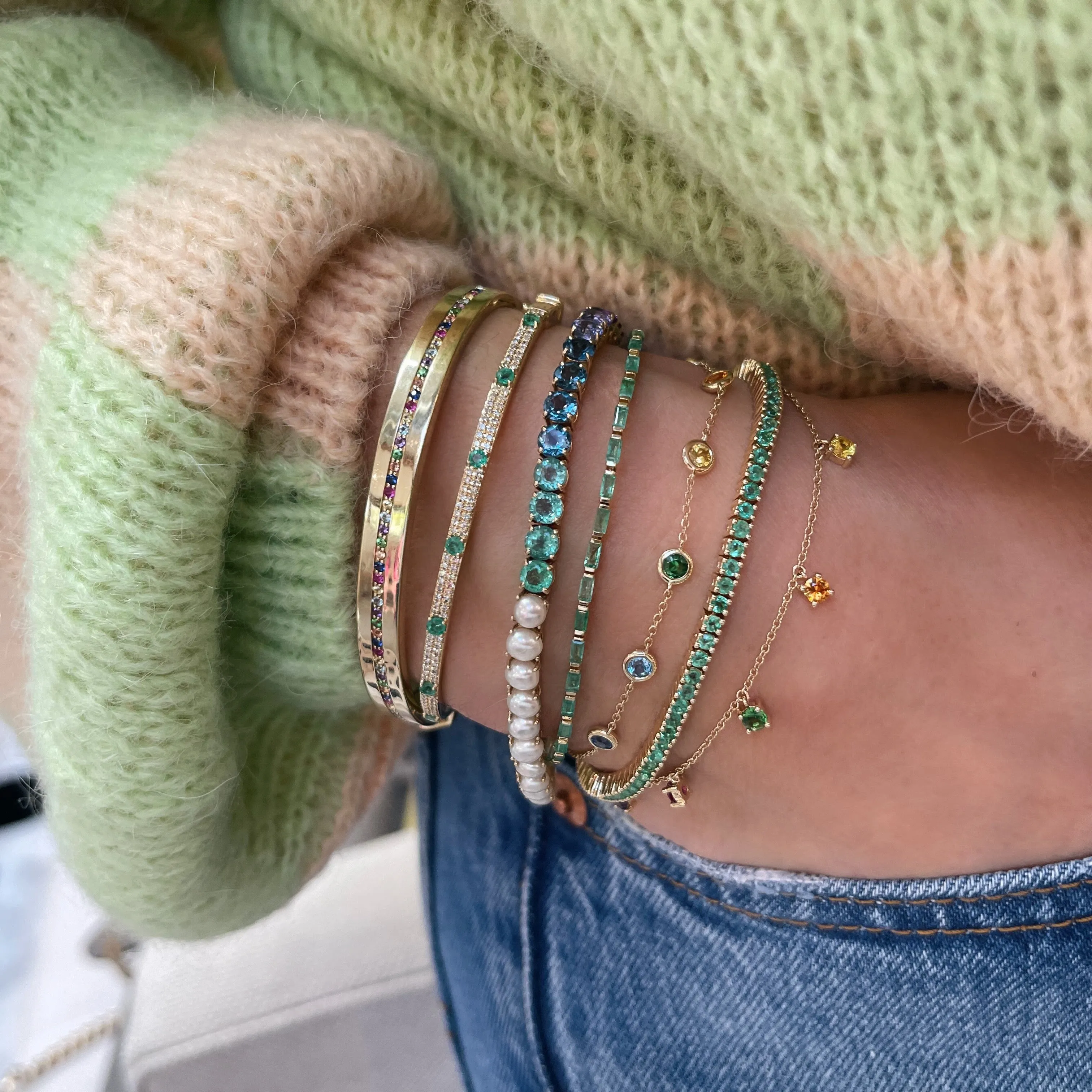 Multicolored Baguette Sapphire Bangle Bracelet