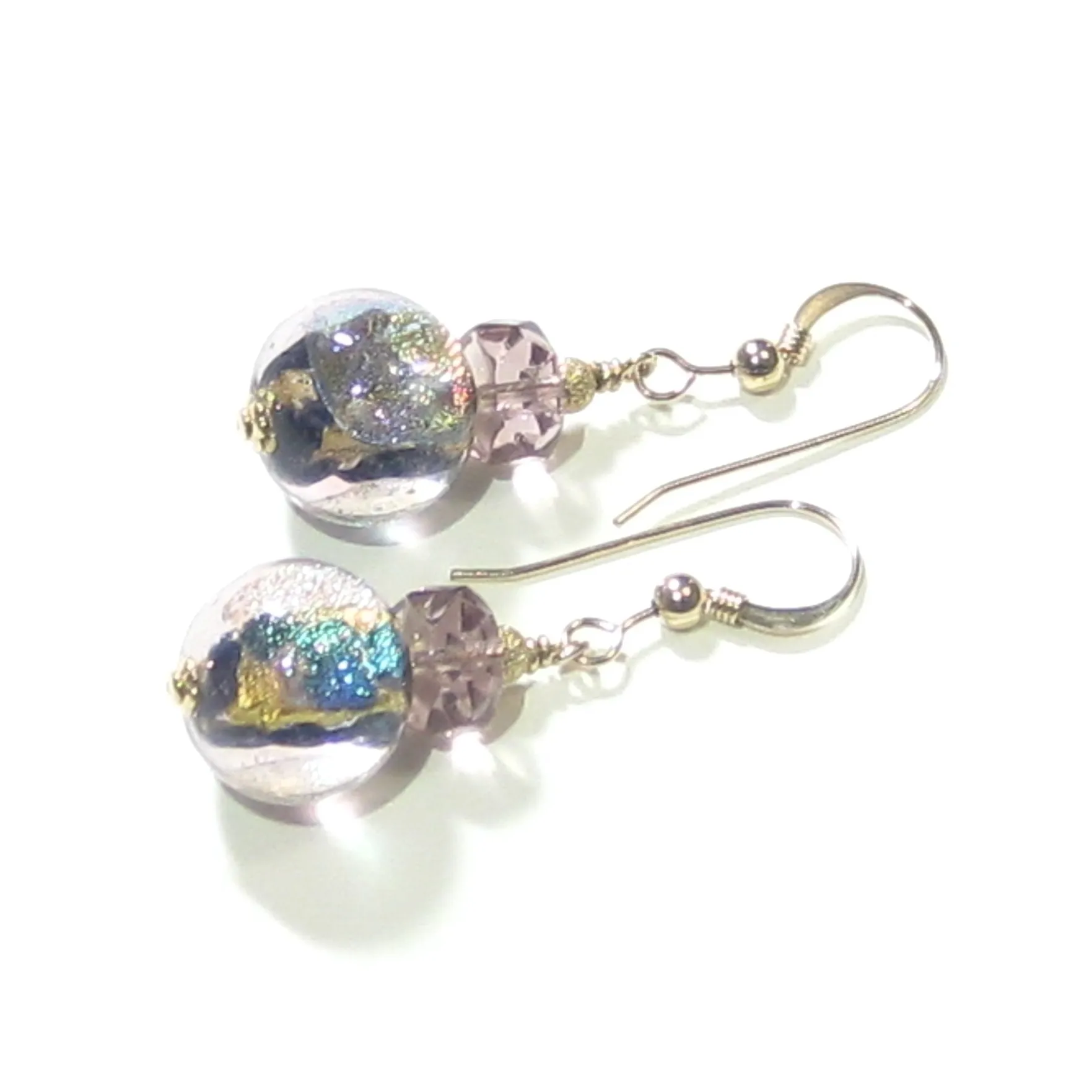Murano Glass Sparkling Dichroic Gold Earrings, Murano Glass Jewelry