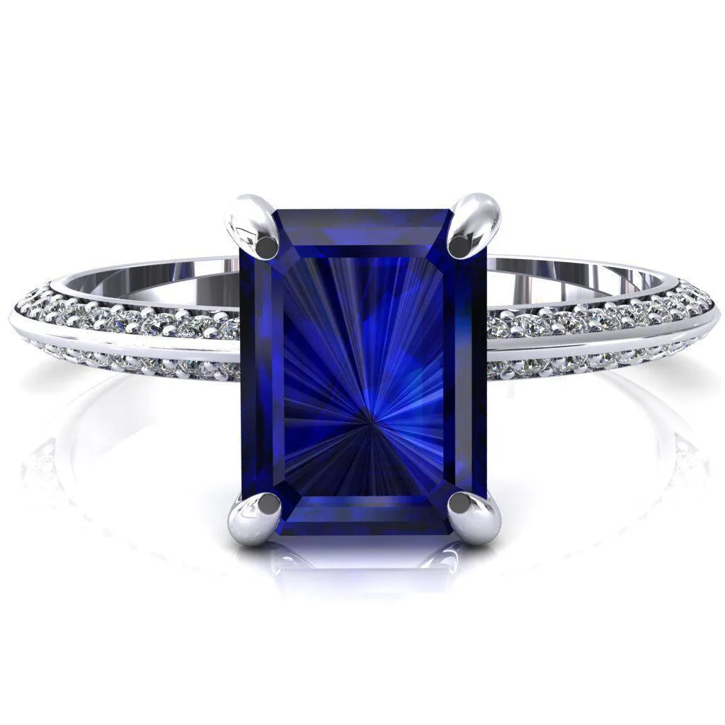 Nancy Emerald Blue Sapphire 4 Prong 1/2 Eternity Diamond Knife Shank Accent Engagement Ring