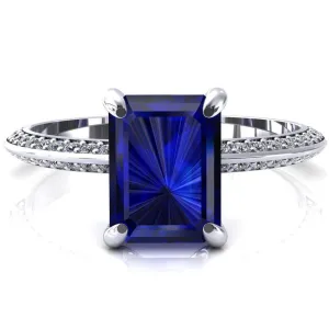 Nancy Emerald Blue Sapphire 4 Prong 1/2 Eternity Diamond Knife Shank Accent Engagement Ring