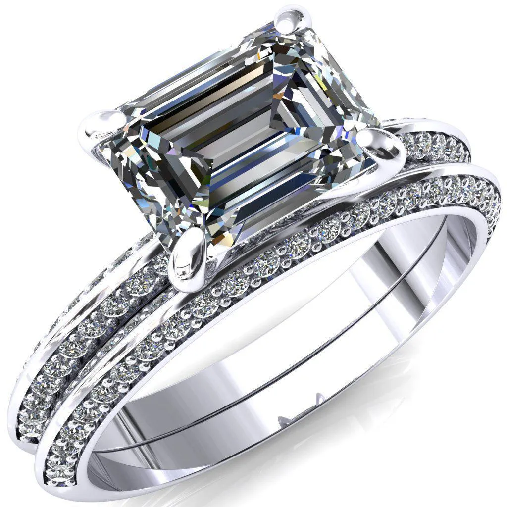 Nancy Emerald Center Stone East-West 4 Prong 1/2 Eternity Diamond Knife Shank Accent Engagement Ring