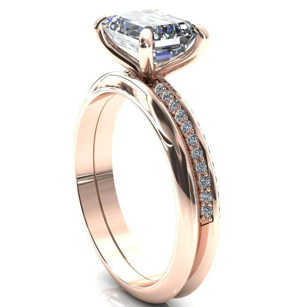 Nancy Emerald Center Stone East-West 4 Prong 1/2 Eternity Diamond Knife Shank Accent Engagement Ring